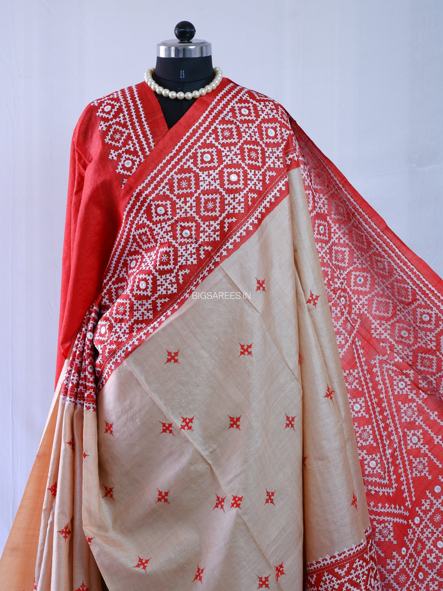 Kutchi Hand Embroidered Saree | Gachi Tassar Silk | Silk Marked | Red/Beige