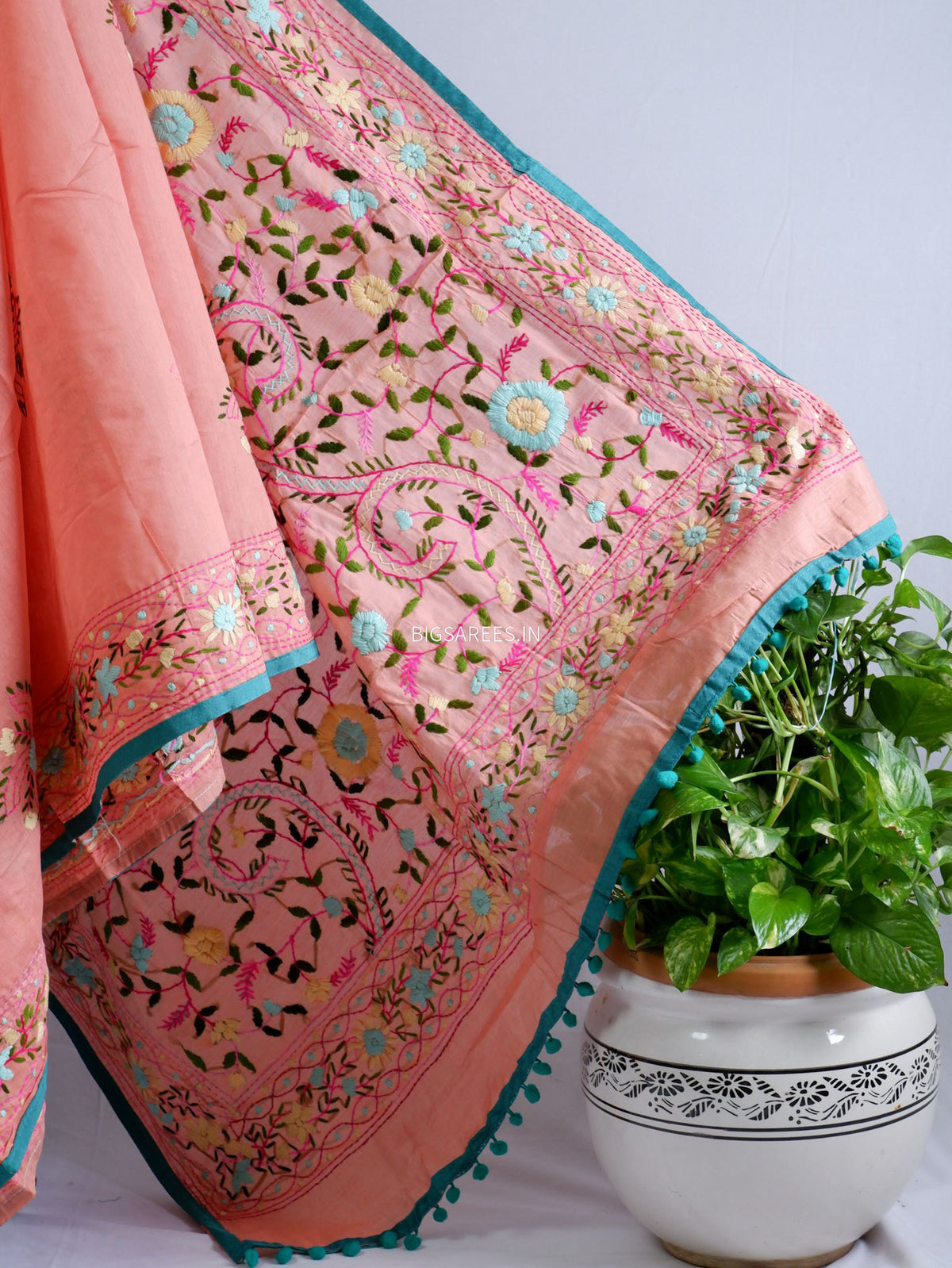 Phulkari Hand-Embroidered Saree | Chanderi Silk | Peachy Pink