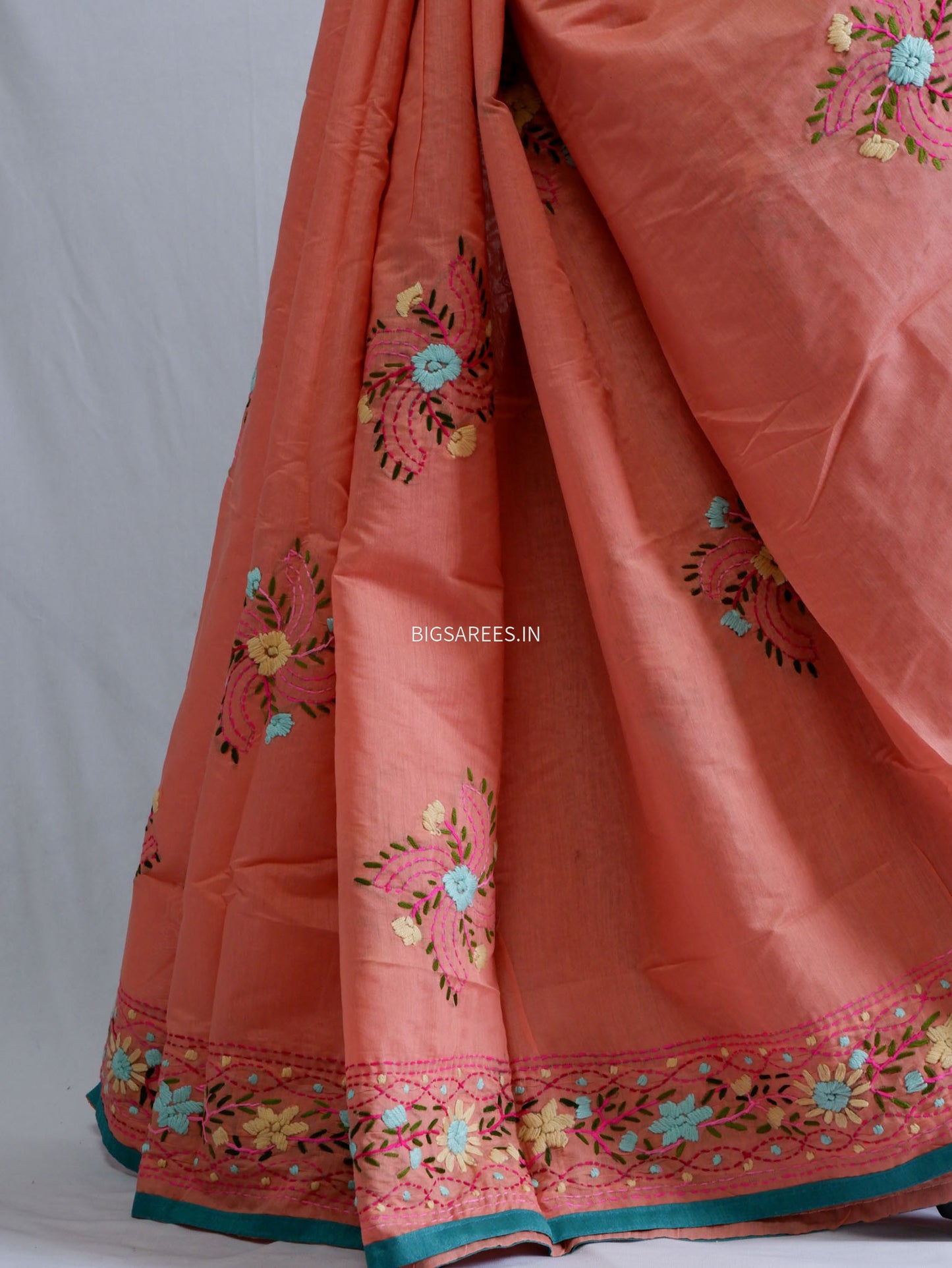 Phulkari Hand-Embroidered Saree | Chanderi Silk | Peachy Pink