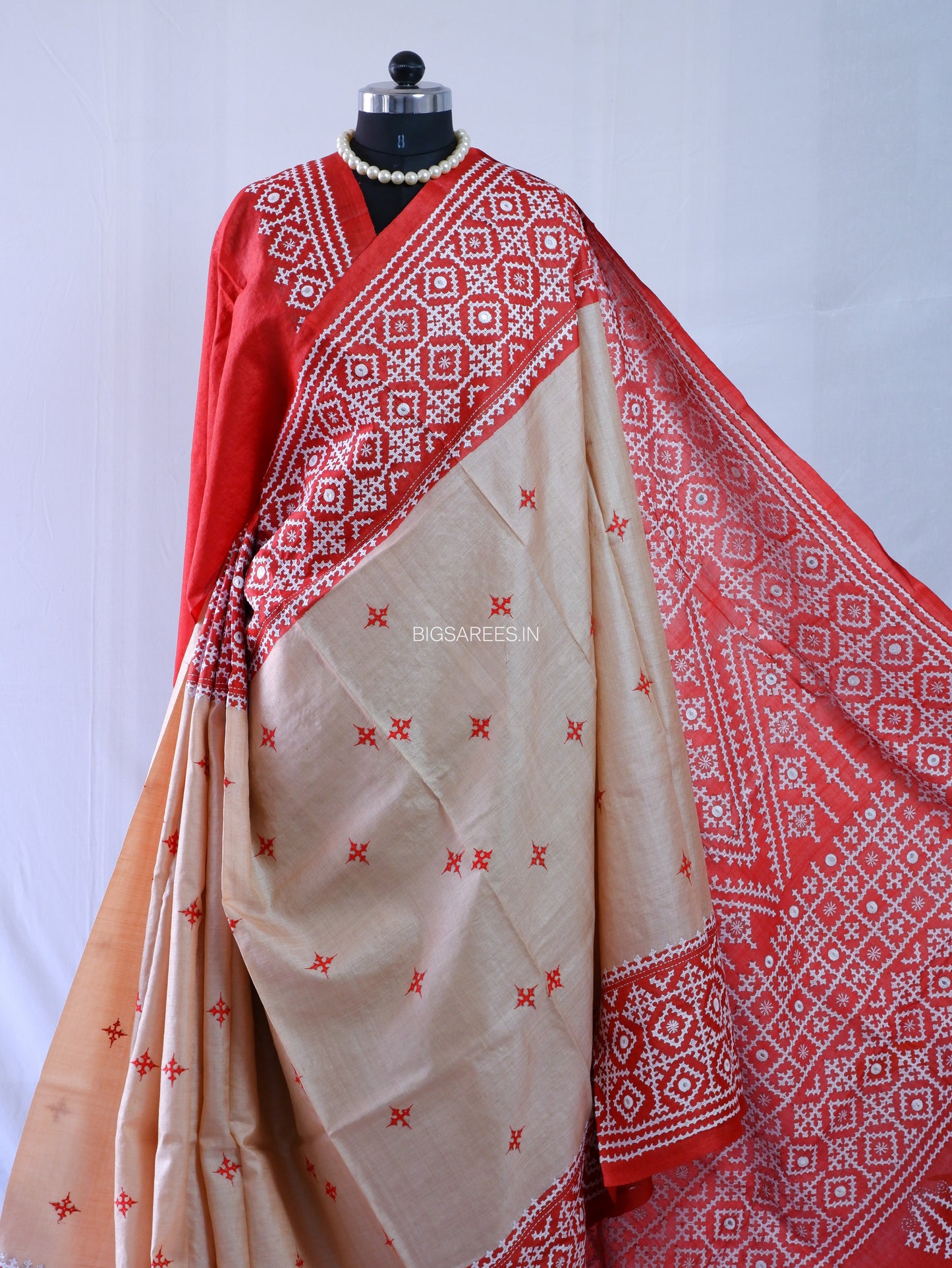 Kutchi Hand Embroidered Saree | Gachi Tassar Silk | Silk Marked | Red/Beige