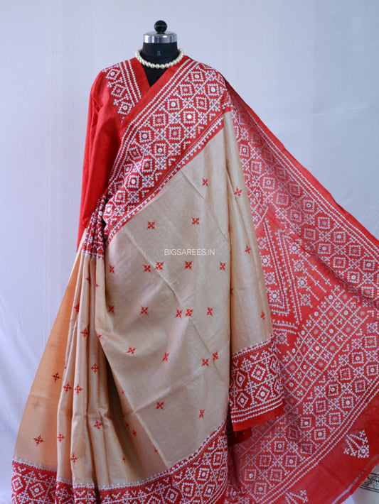 Kutchi Hand Embroidered Saree | Gachi Tassar Silk | Silk Marked | Red/Beige