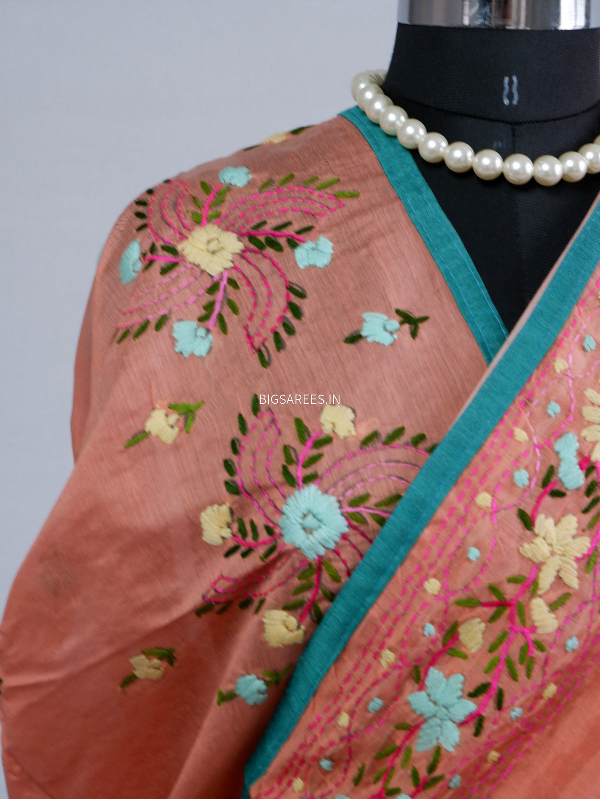 Phulkari Hand-Embroidered Saree | Chanderi Silk | Peachy Pink