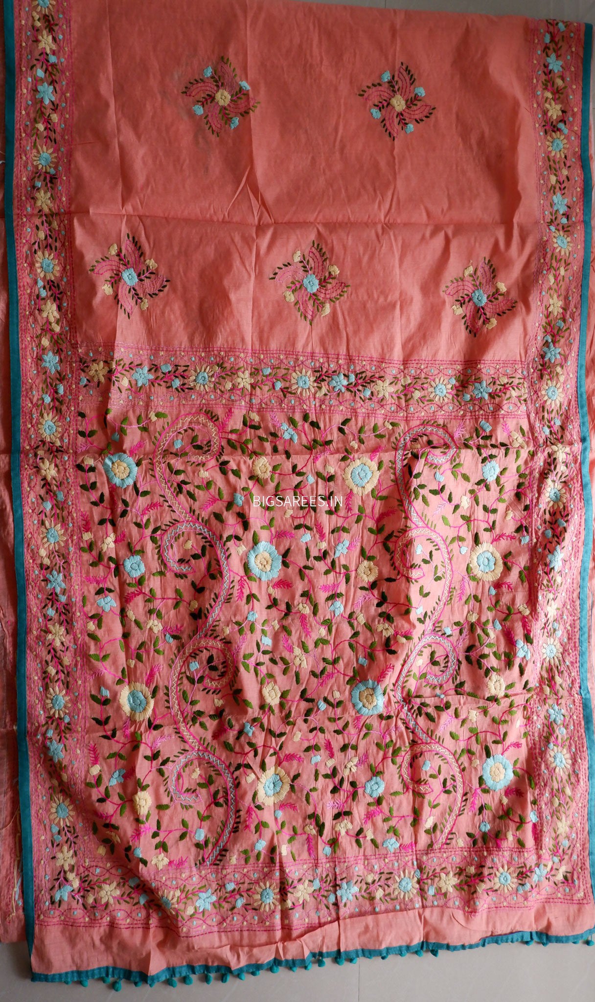 Phulkari Hand-Embroidered Saree | Chanderi Silk | Peachy Pink
