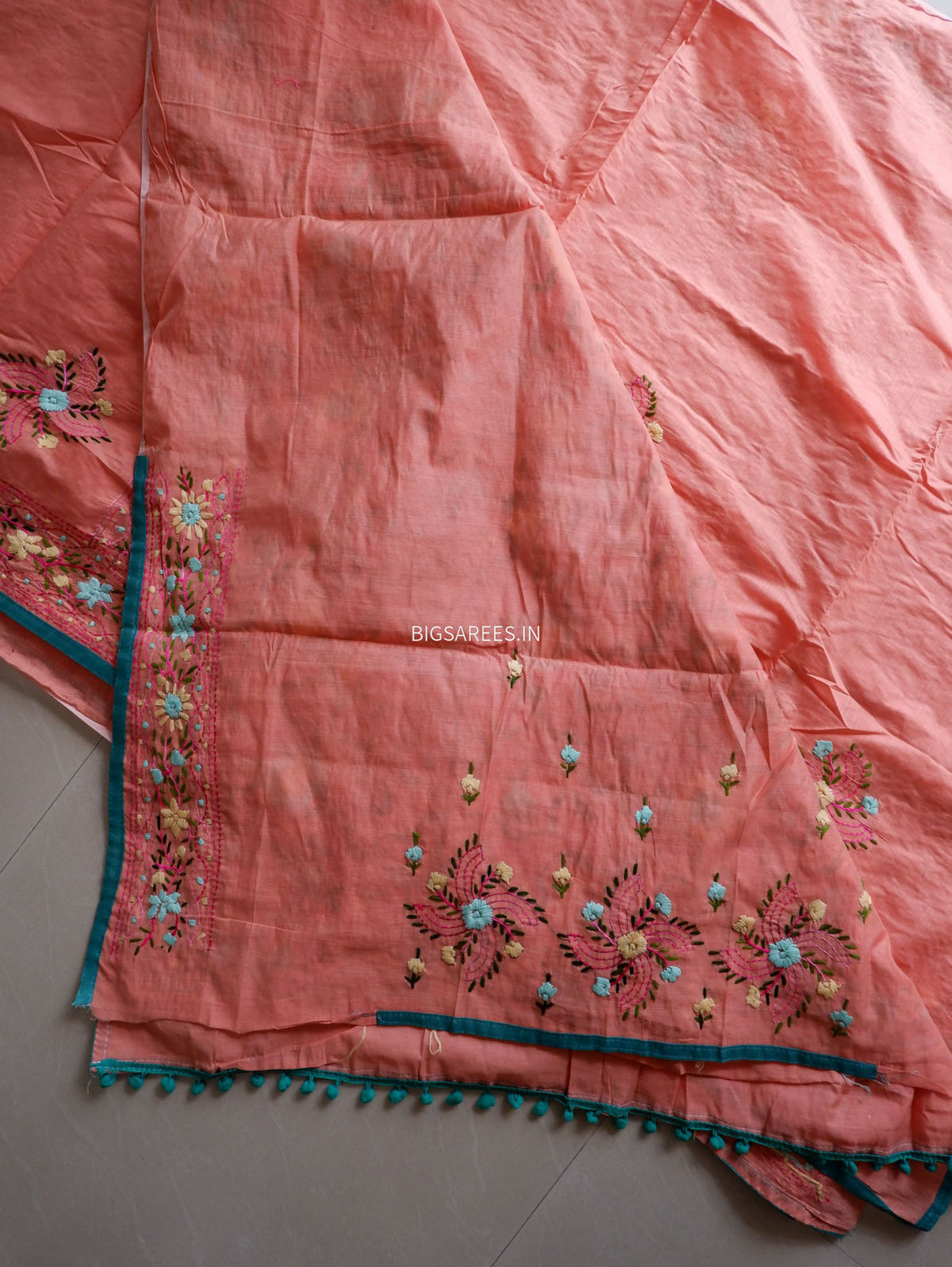 Phulkari Hand-Embroidered Saree | Chanderi Silk | Peachy Pink