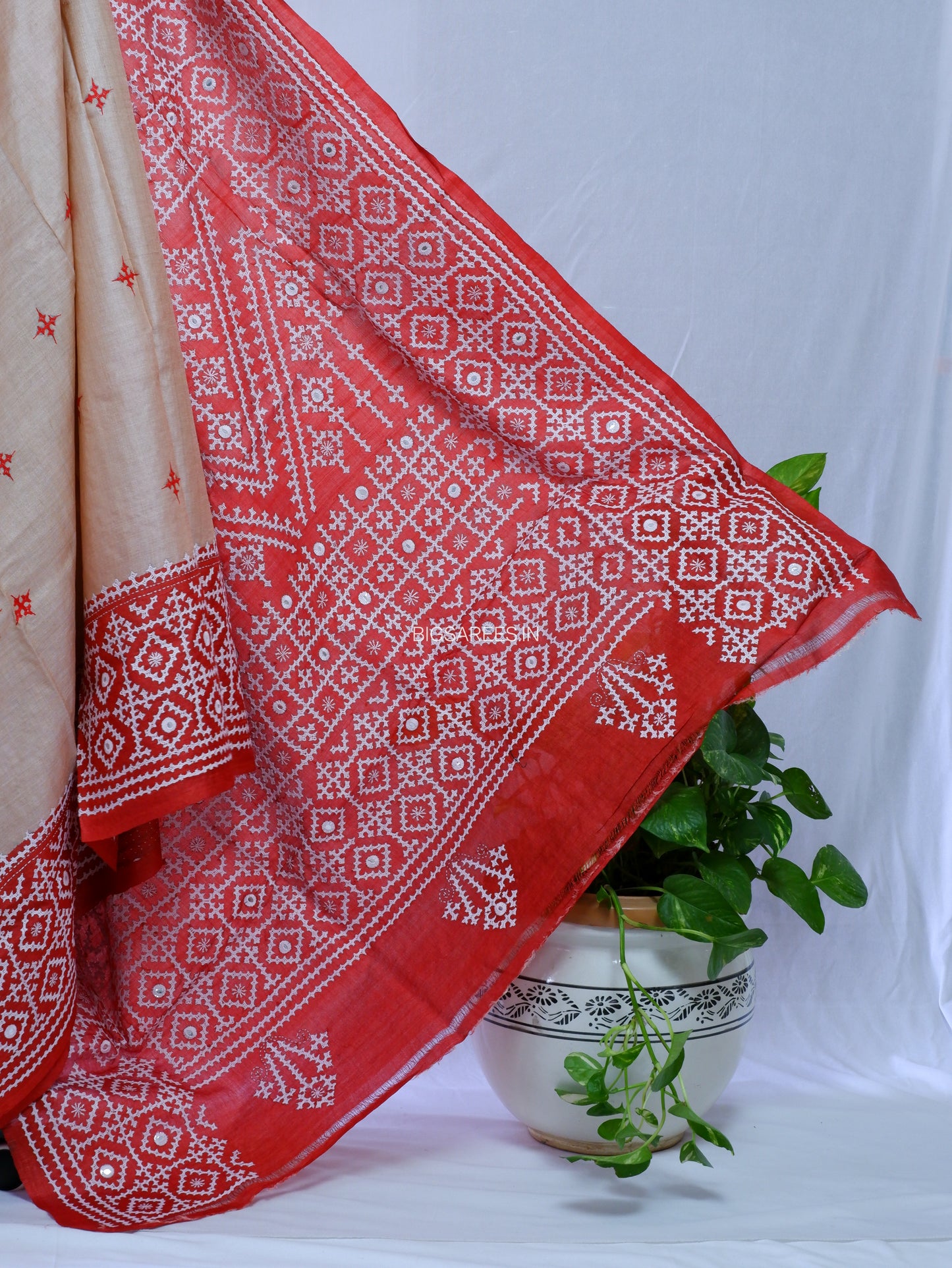 Kutchi Hand Embroidered Saree | Gachi Tassar Silk | Silk Marked | Red/Beige