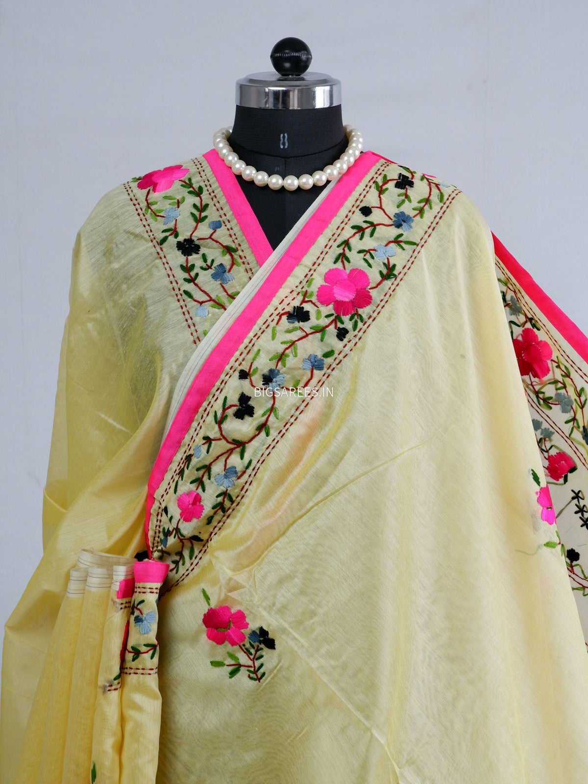 Phulkari Hand-Embroidered Saree | Chanderi Silk | Light Yellow