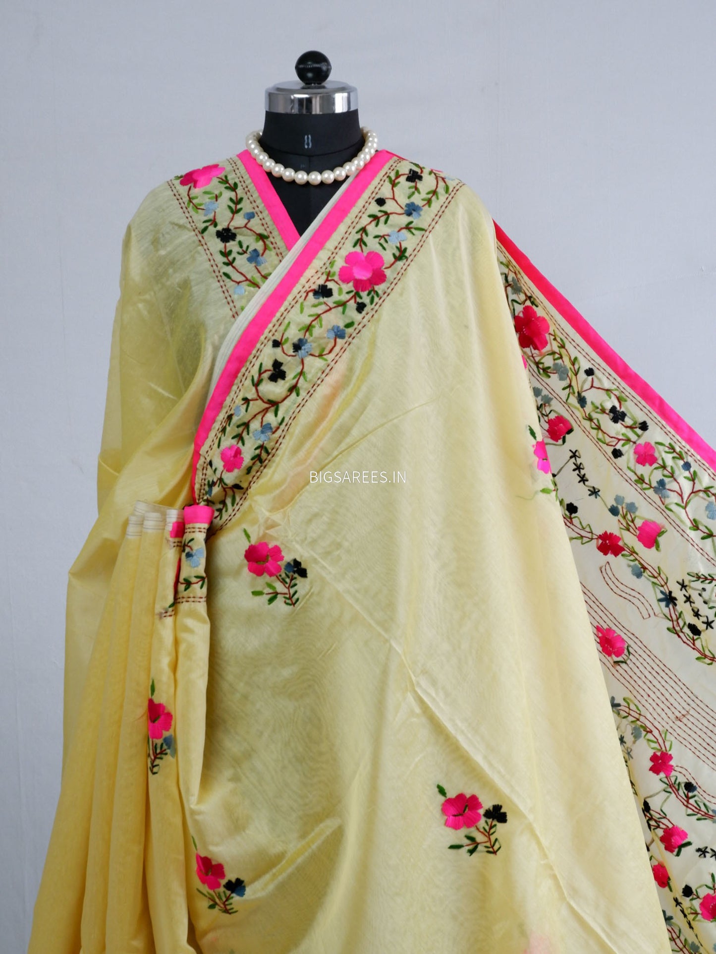 Phulkari Hand-Embroidered Saree | Chanderi Silk | Light Yellow
