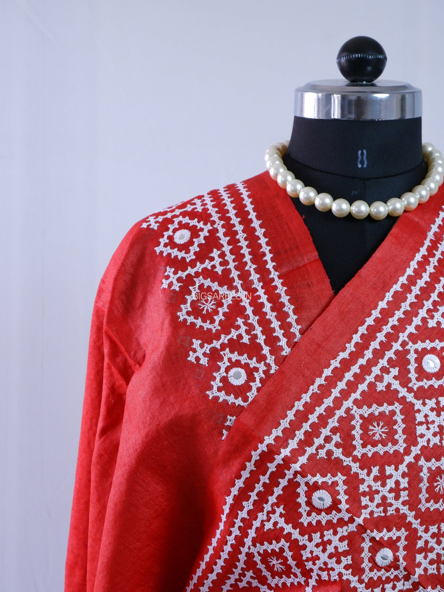 Kutchi Hand Embroidered Saree | Gachi Tassar Silk | Silk Marked | Red/Beige