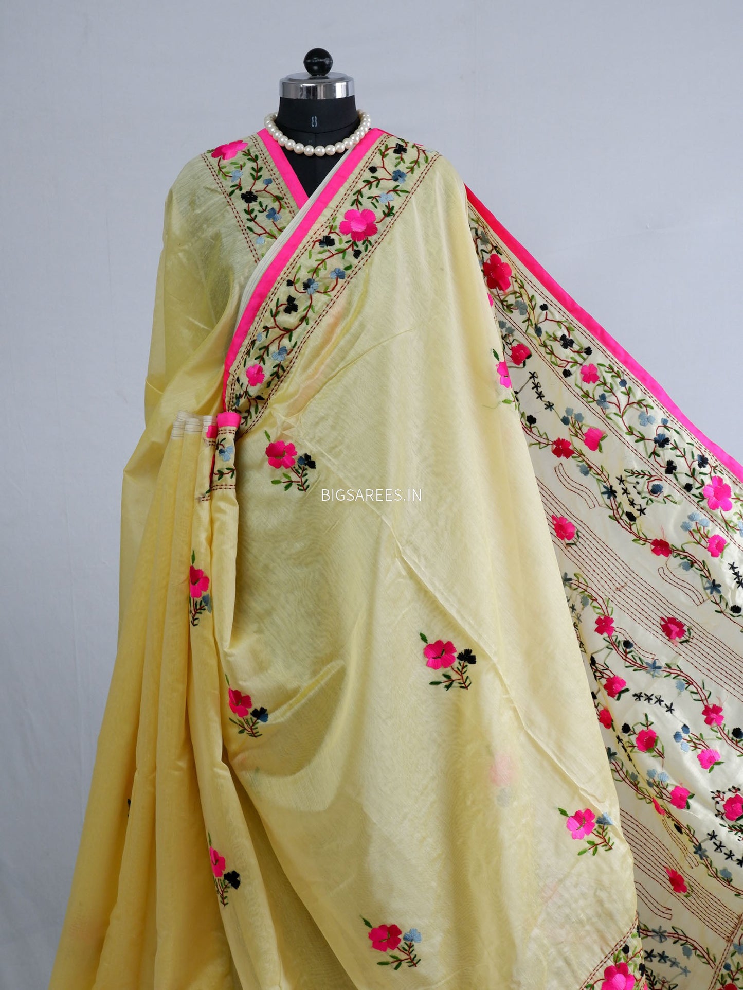 Phulkari Hand-Embroidered Saree | Chanderi Silk | Light Yellow