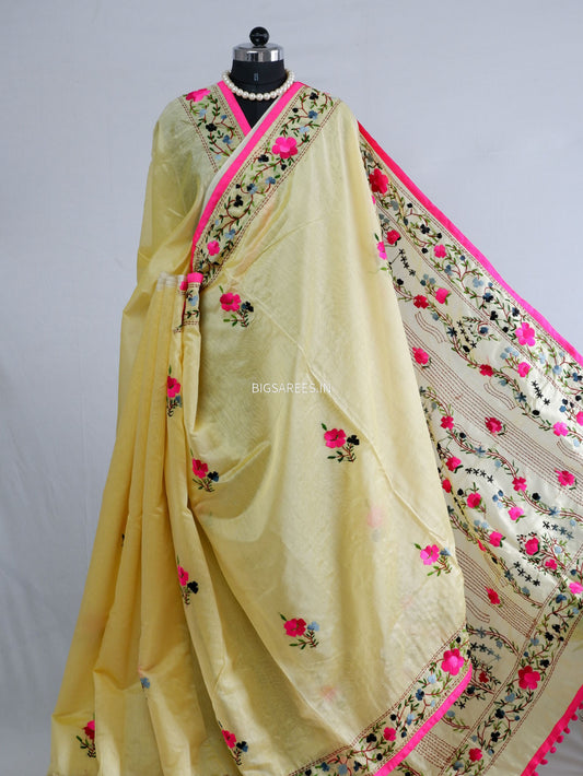 Phulkari Hand-Embroidered Saree | Chanderi Silk | Light Yellow