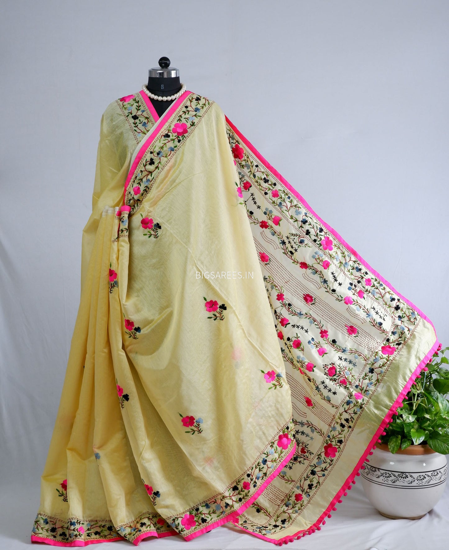 Phulkari Hand-Embroidered Saree | Chanderi Silk | Light Yellow
