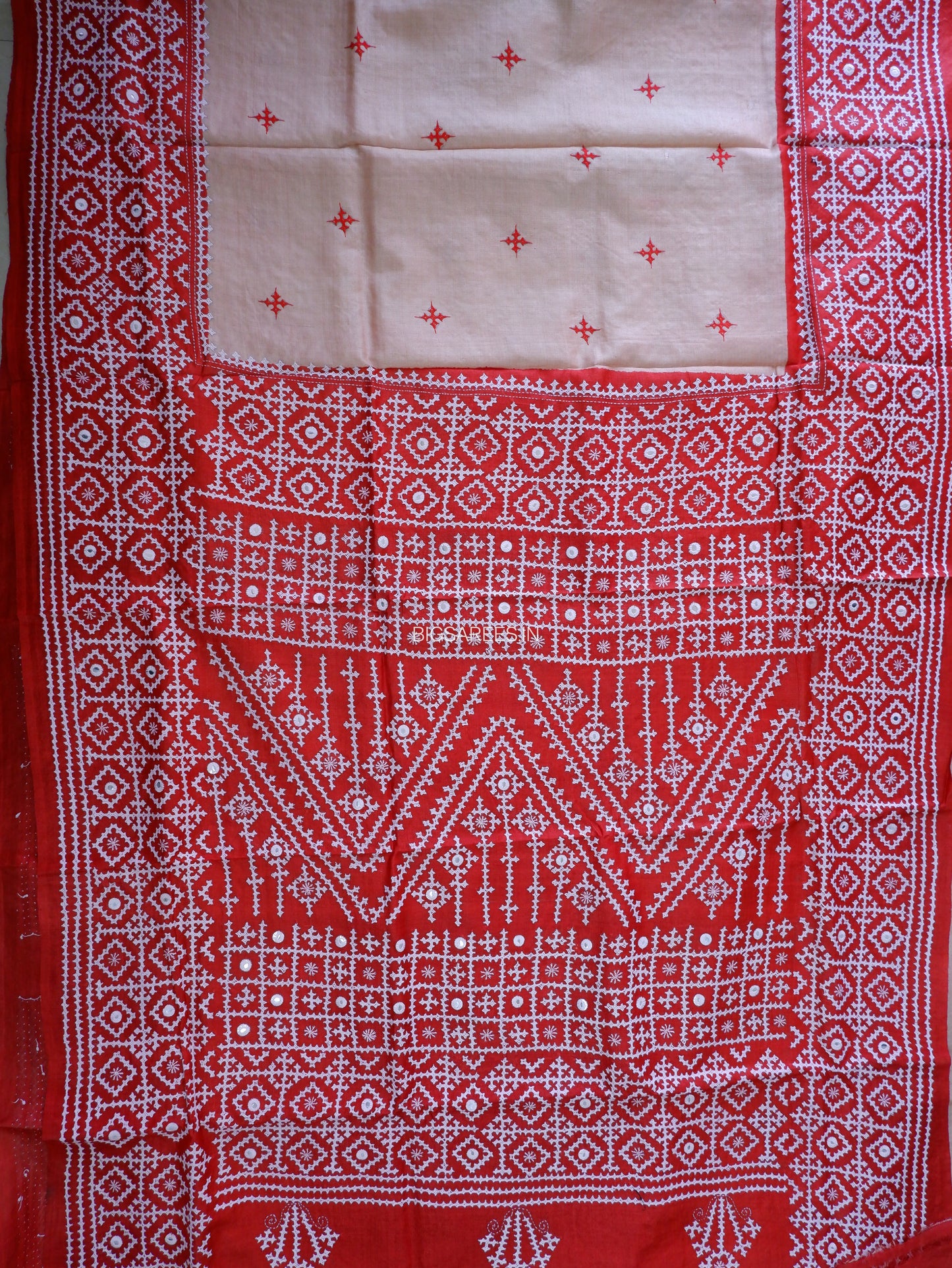 Kutchi Hand Embroidered Saree | Gachi Tassar Silk | Silk Marked | Red/Beige