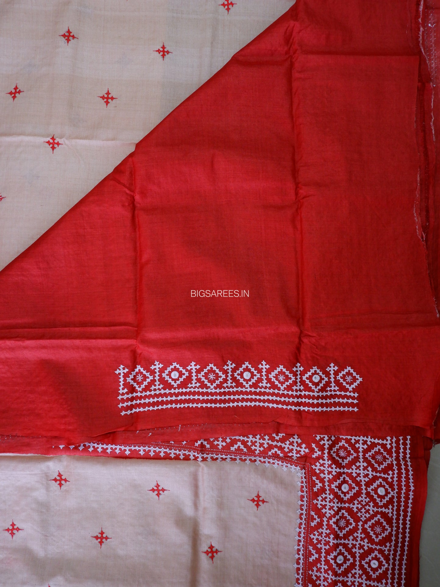 Kutchi Hand Embroidered Saree | Gachi Tassar Silk | Silk Marked | Red/Beige