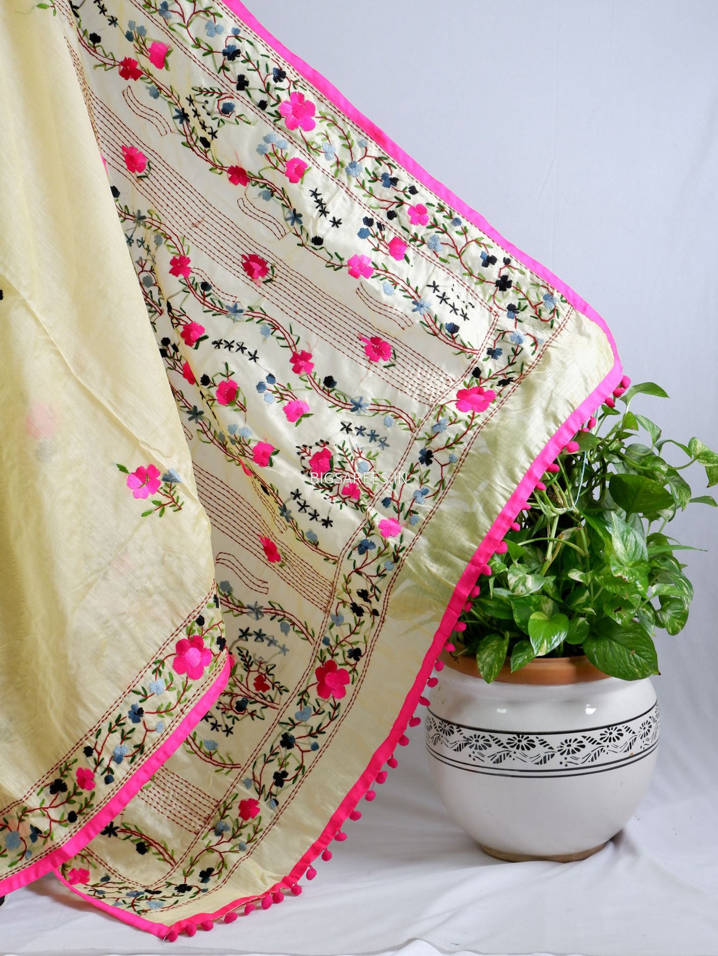 Phulkari Hand-Embroidered Saree | Chanderi Silk | Light Yellow