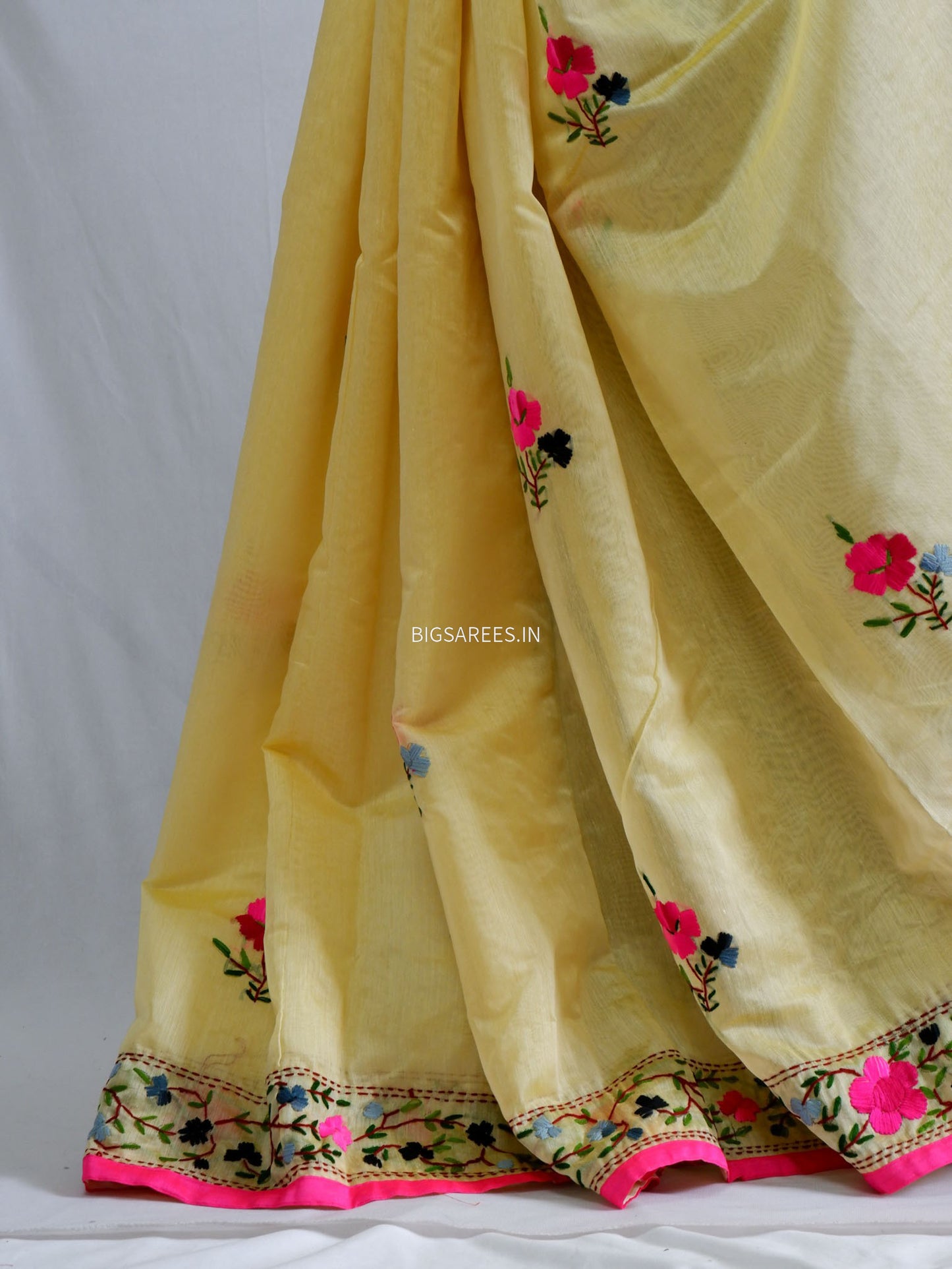 Phulkari Hand-Embroidered Saree | Chanderi Silk | Light Yellow