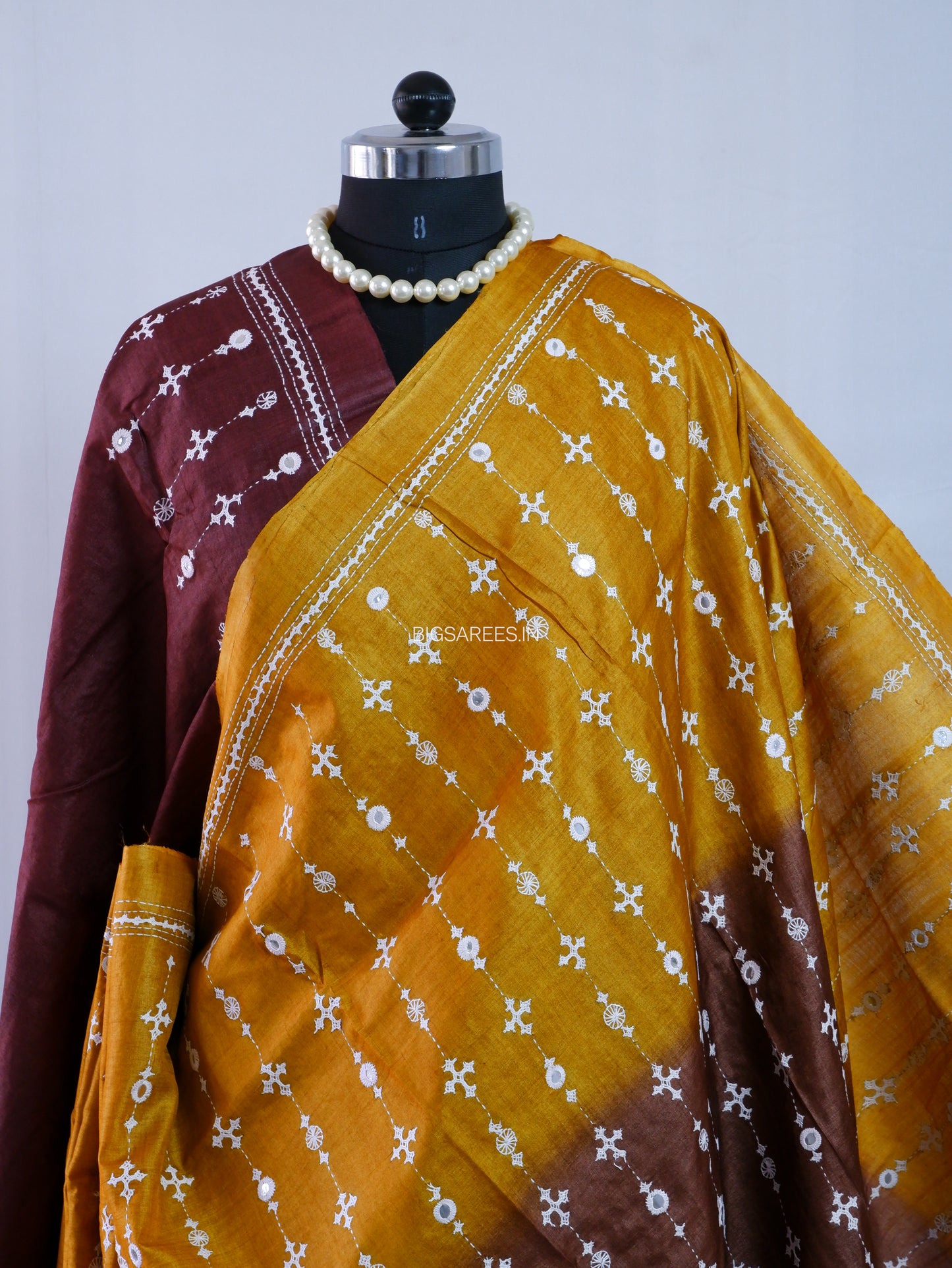 Kutchi Hand Embroidered Saree | Pure Gachi by Gachi Tassar Silk | Silk Marked | Dark Gold/Dark Brown