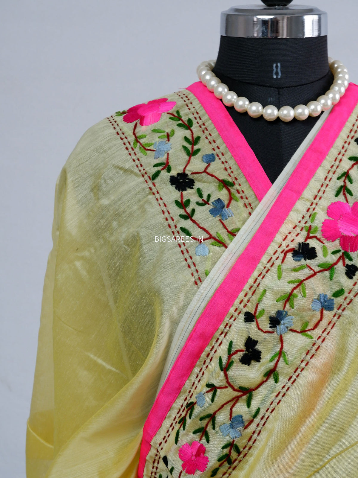 Phulkari Hand-Embroidered Saree | Chanderi Silk | Light Yellow
