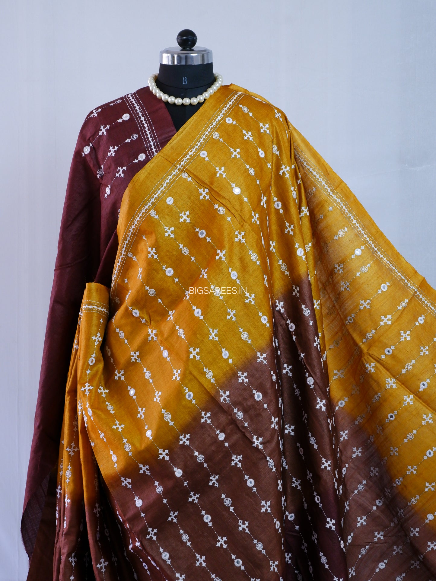 Kutchi Hand Embroidered Saree | Pure Gachi by Gachi Tassar Silk | Silk Marked | Dark Gold/Dark Brown