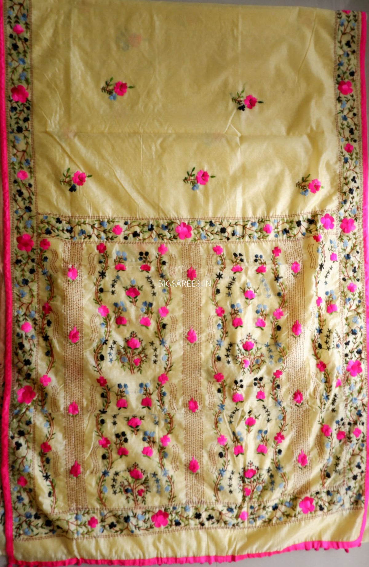 Phulkari Hand-Embroidered Saree | Chanderi Silk | Light Yellow