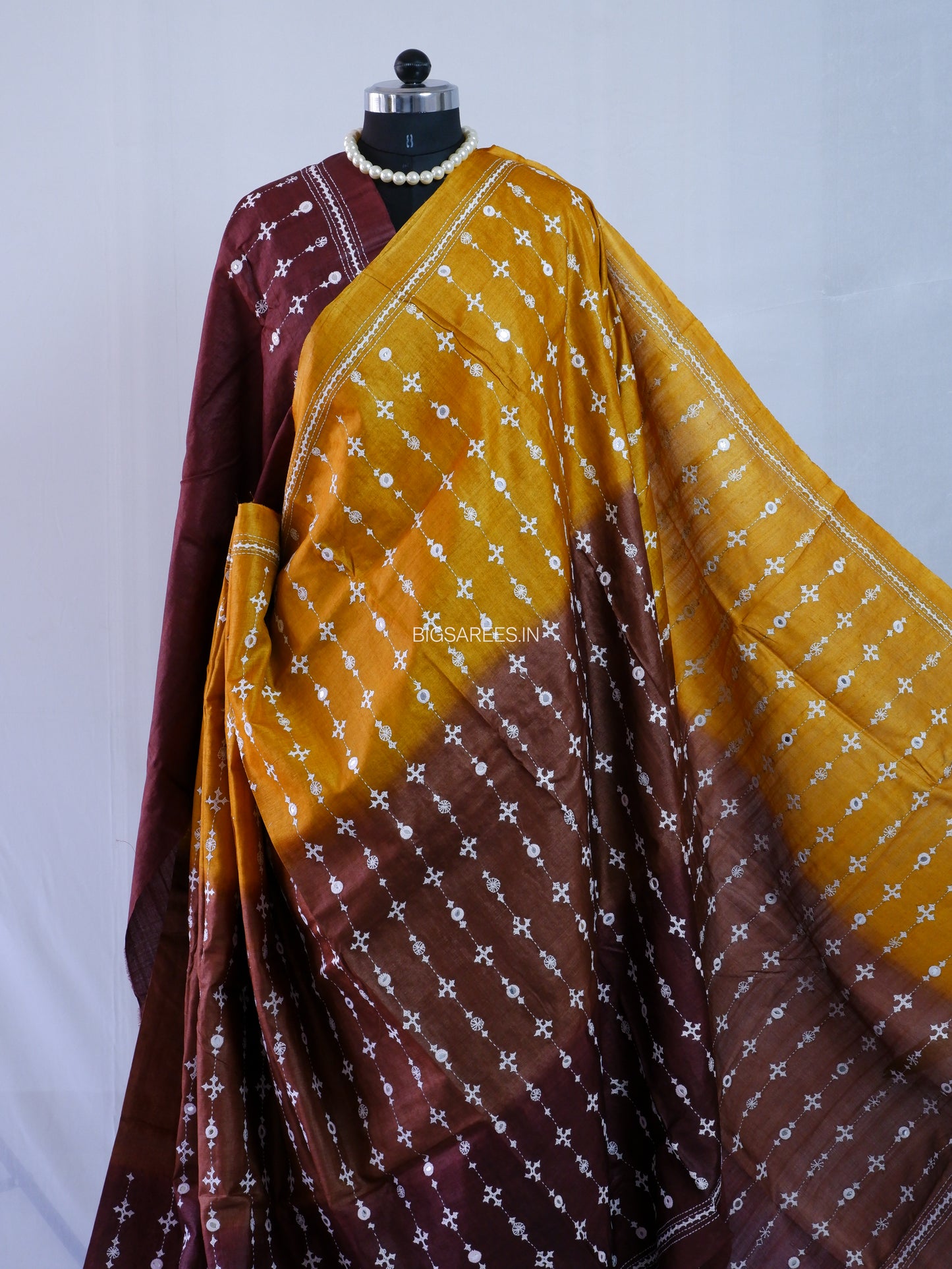 Kutchi Hand Embroidered Saree | Pure Gachi by Gachi Tassar Silk | Silk Marked | Dark Gold/Dark Brown