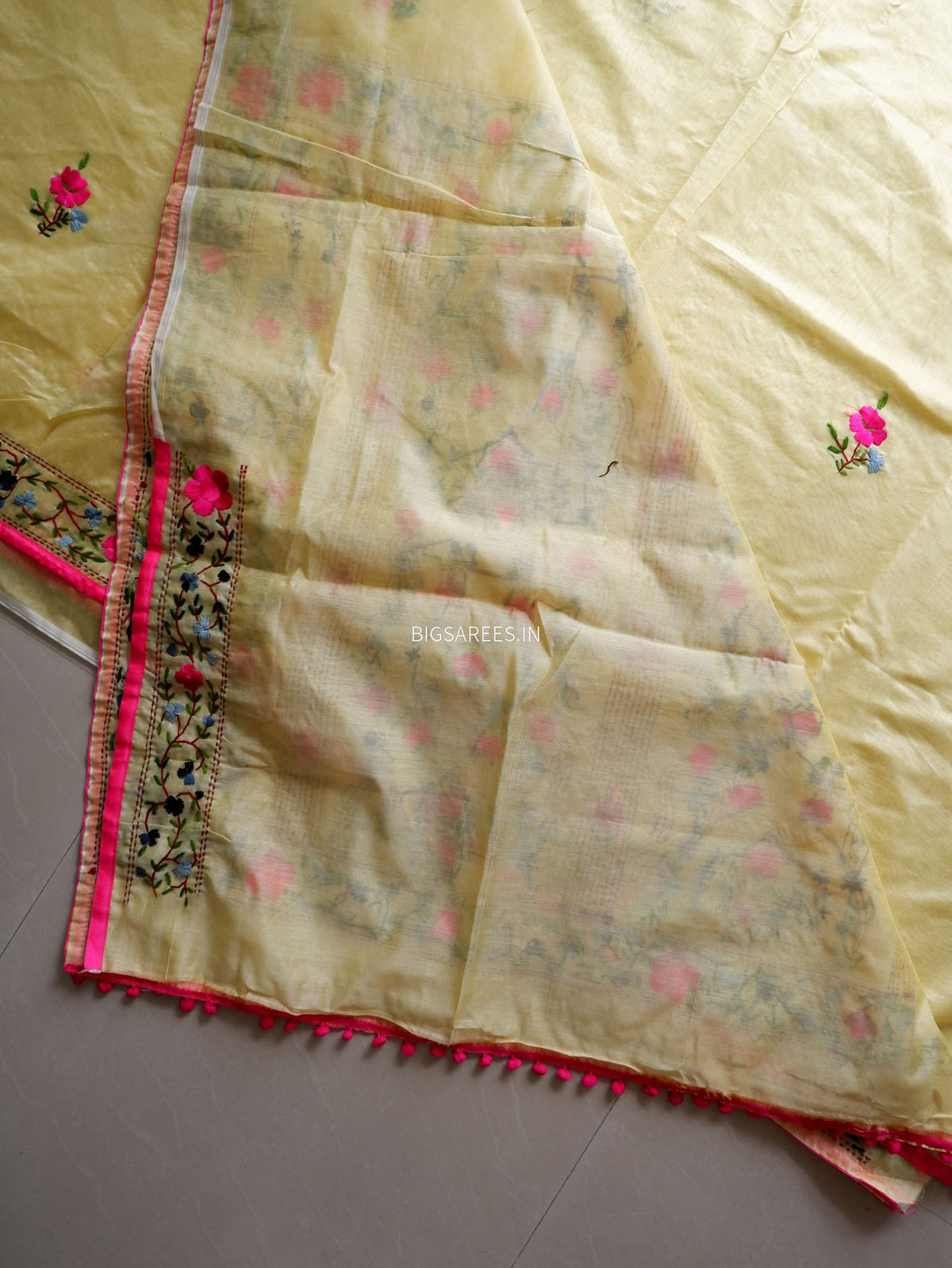 Phulkari Hand-Embroidered Saree | Chanderi Silk | Light Yellow