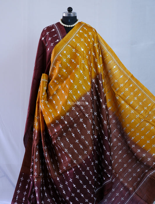 Kutchi Hand Embroidered Saree | Pure Gachi by Gachi Tassar Silk | Silk Marked | Dark Gold/Dark Brown
