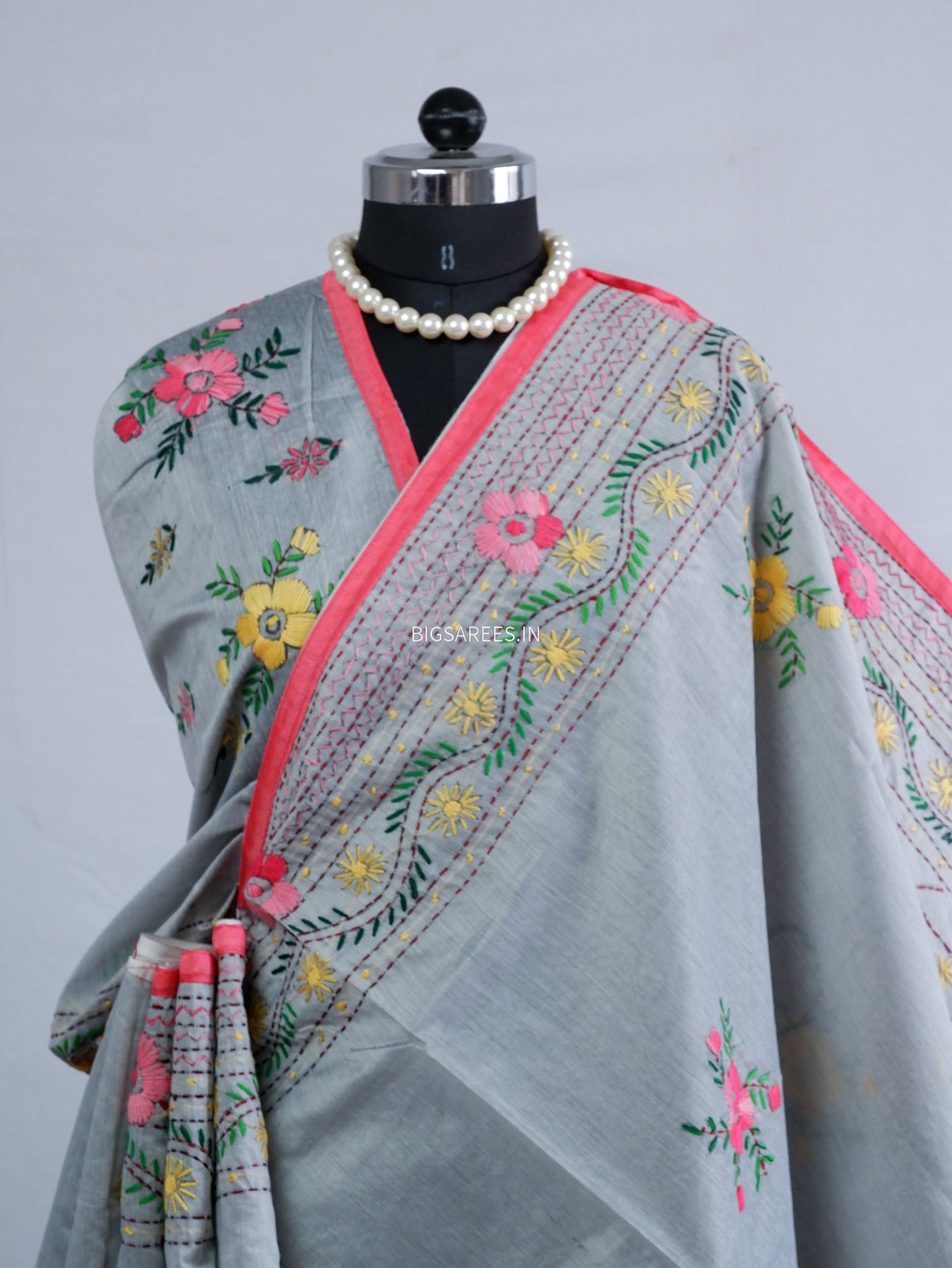 Phulkari Hand-Embroidered Saree | Chanderi Silk | Grey