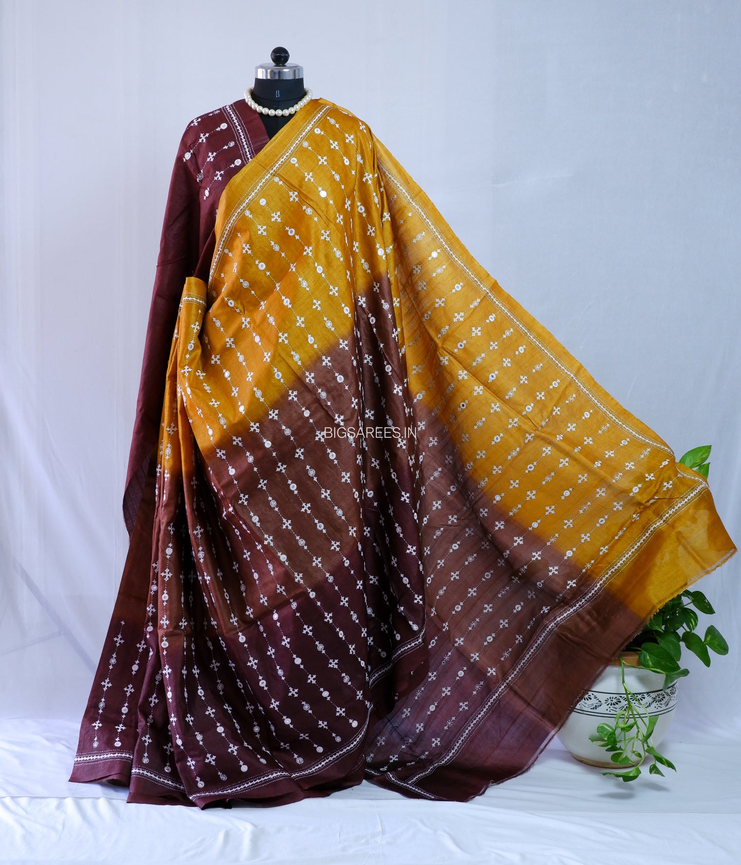 Kutchi Hand Embroidered Saree | Pure Gachi by Gachi Tassar Silk | Silk Marked | Dark Gold/Dark Brown