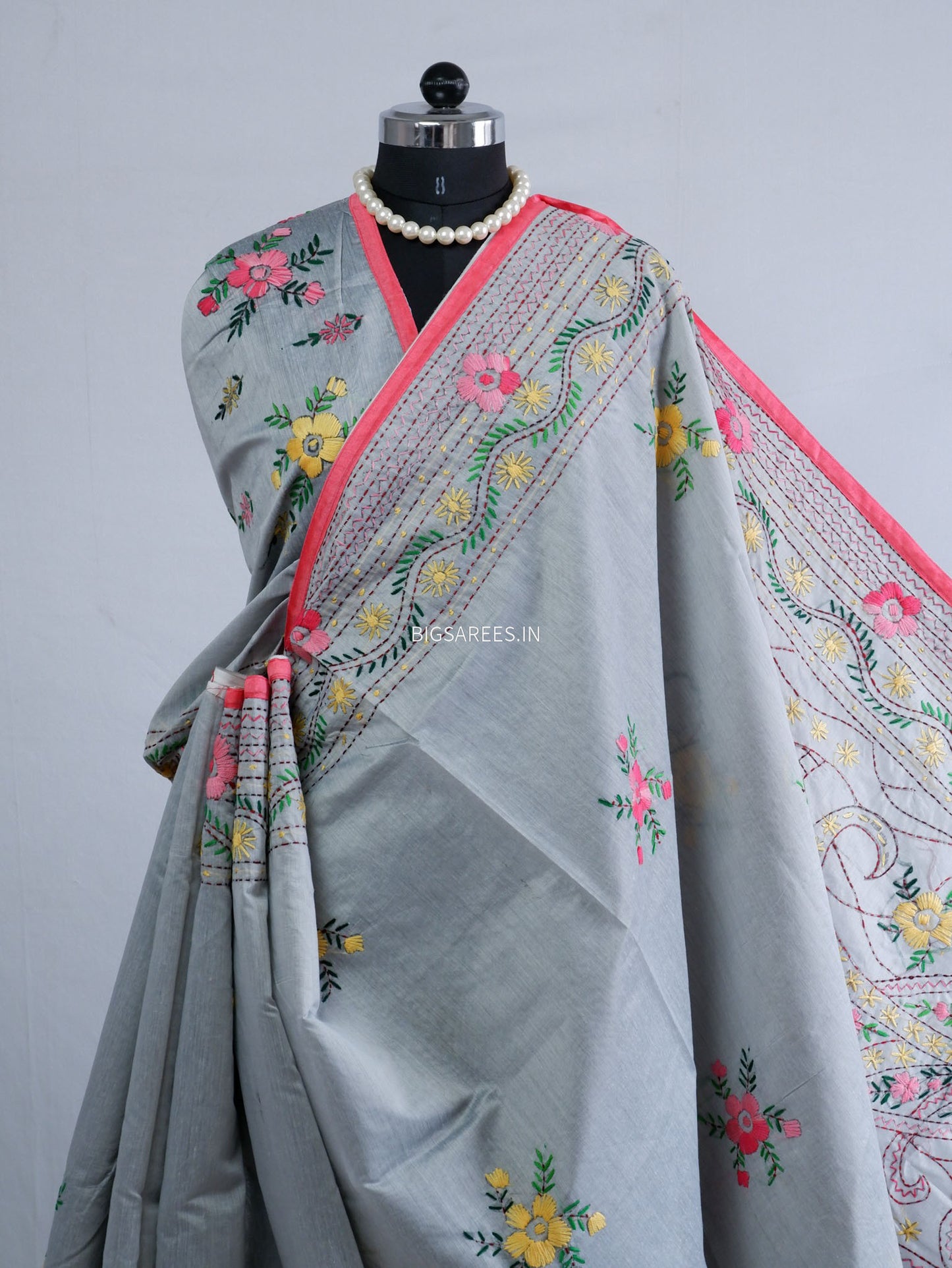 Phulkari Hand-Embroidered Saree | Chanderi Silk | Grey