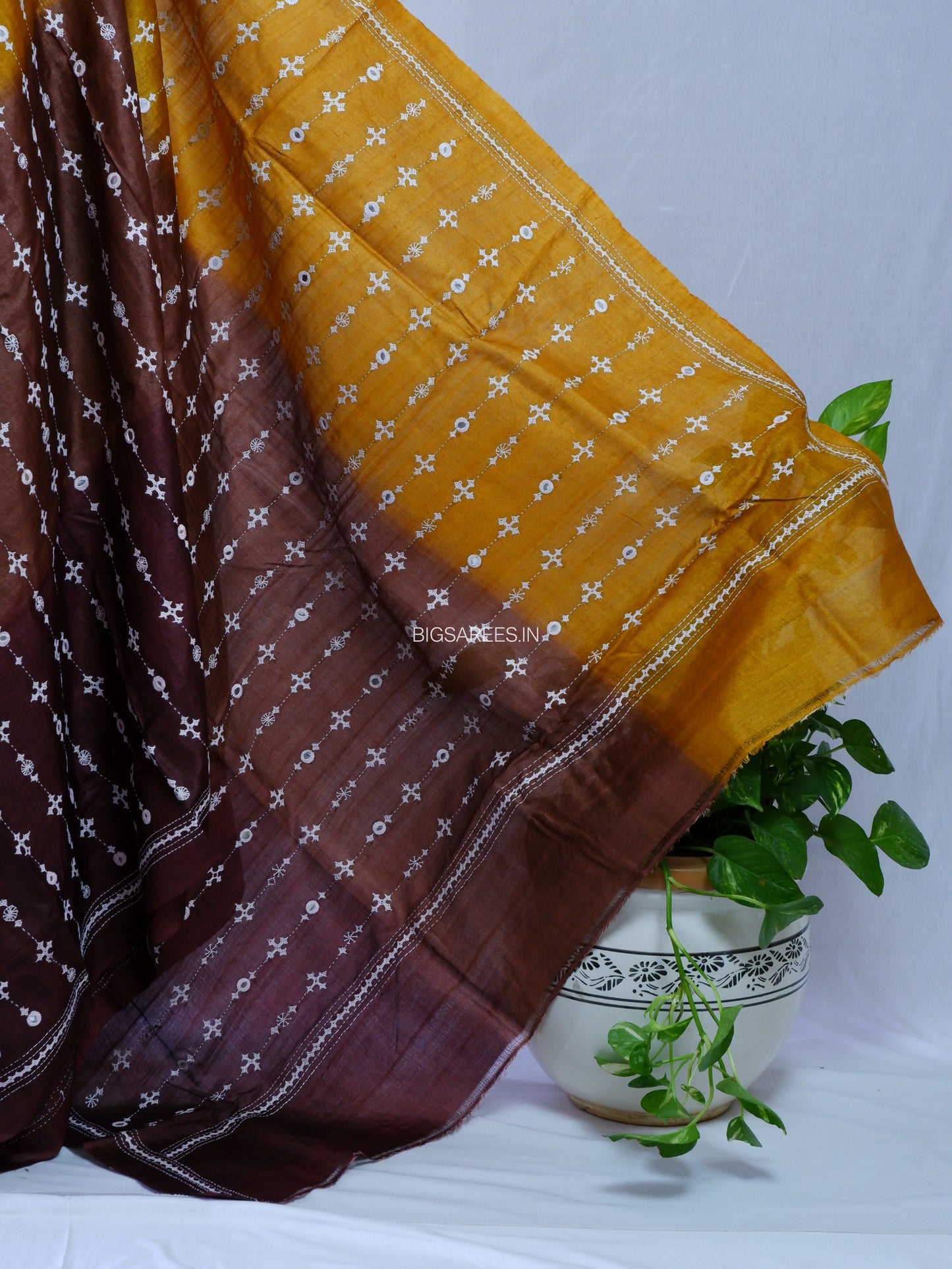 Kutchi Hand Embroidered Saree | Pure Gachi by Gachi Tassar Silk | Silk Marked | Dark Gold/Dark Brown