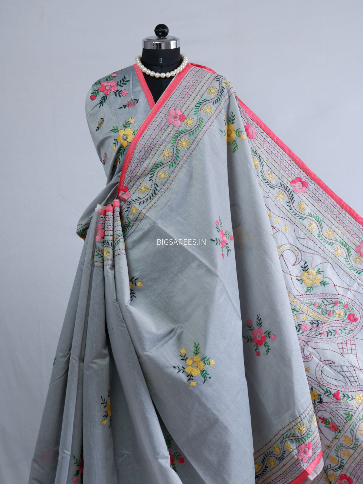 Phulkari Hand-Embroidered Saree | Chanderi Silk | Grey
