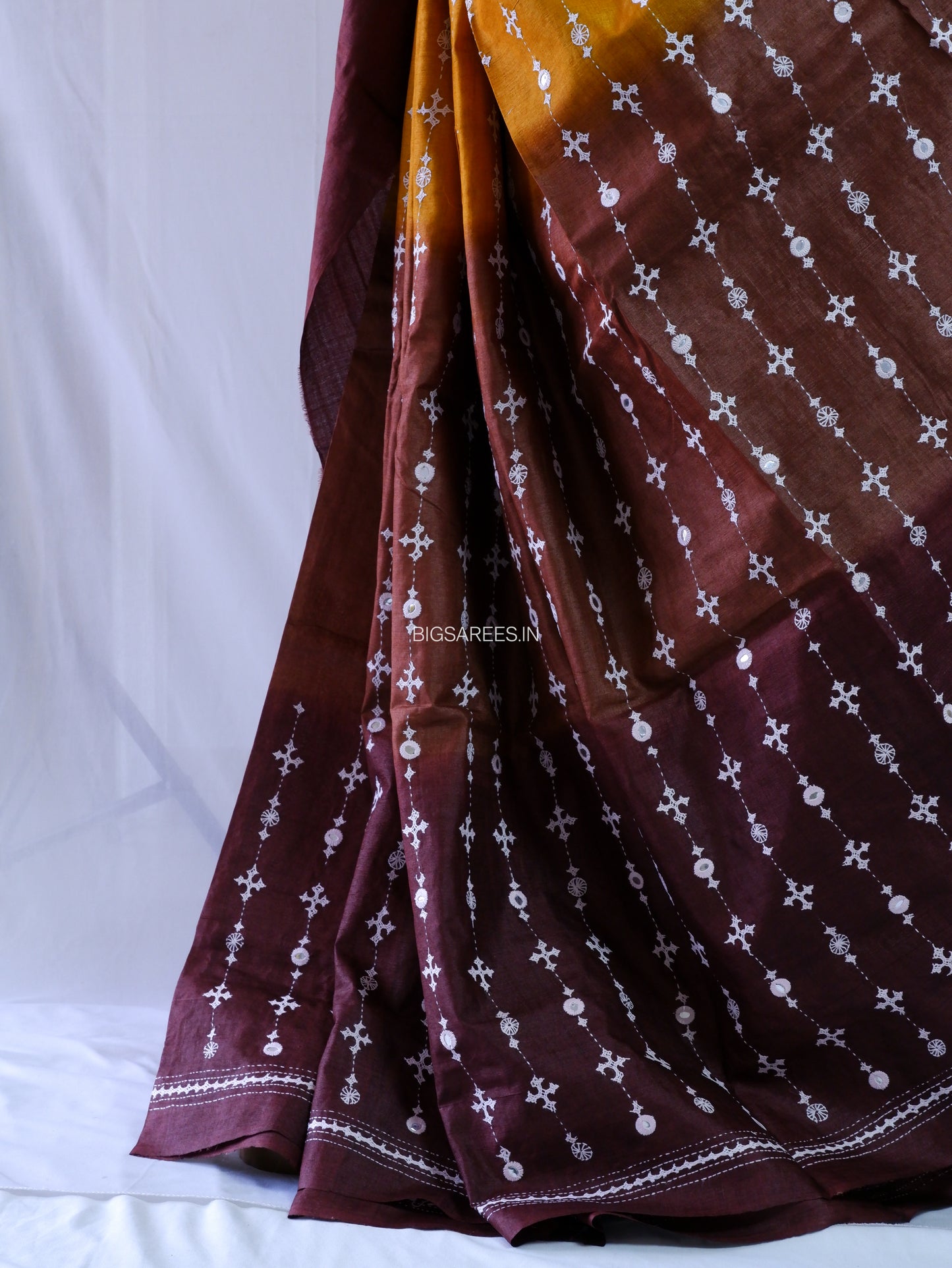 Kutchi Hand Embroidered Saree | Pure Gachi by Gachi Tassar Silk | Silk Marked | Dark Gold/Dark Brown