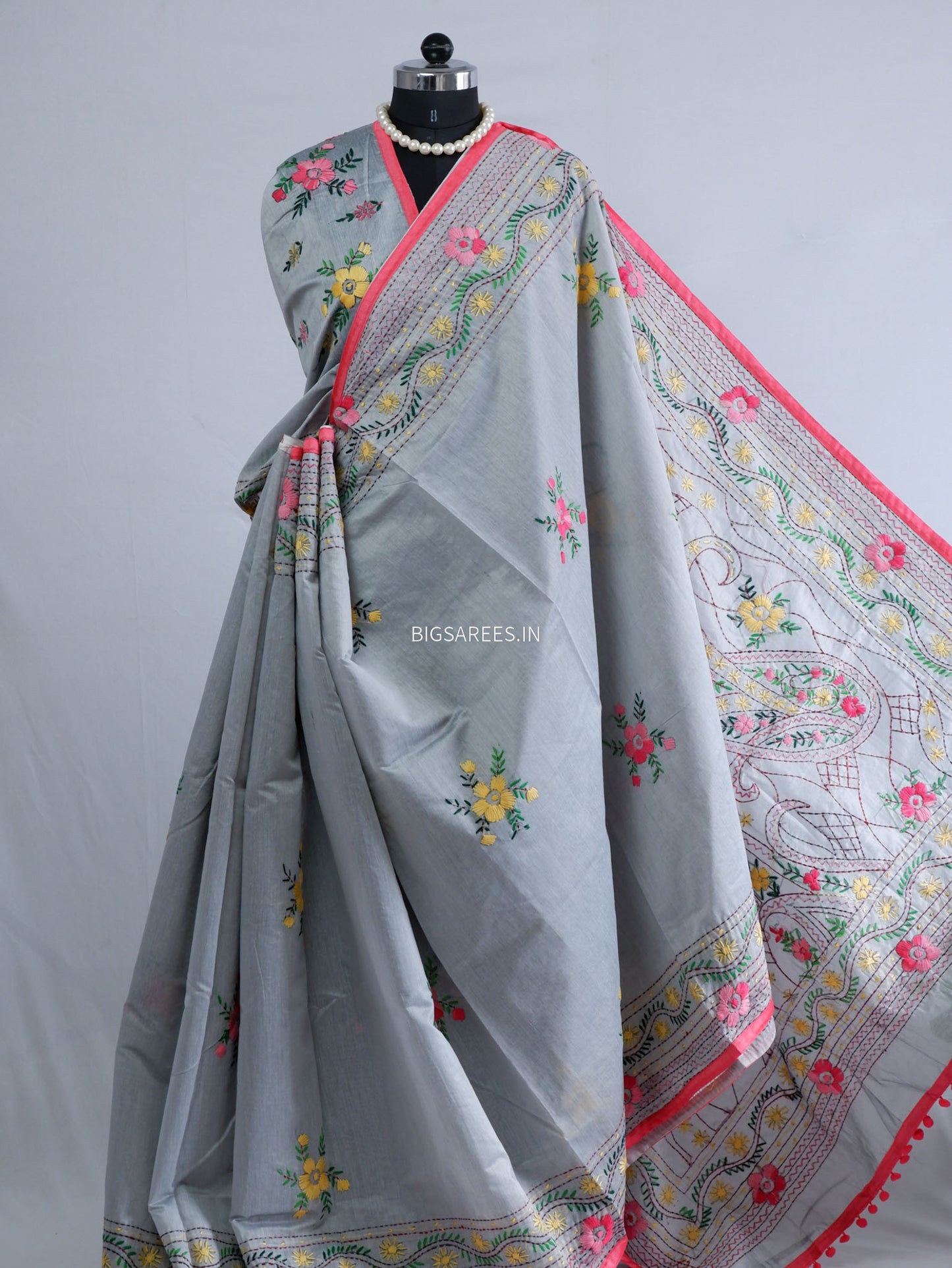 Phulkari Hand-Embroidered Saree | Chanderi Silk | Grey