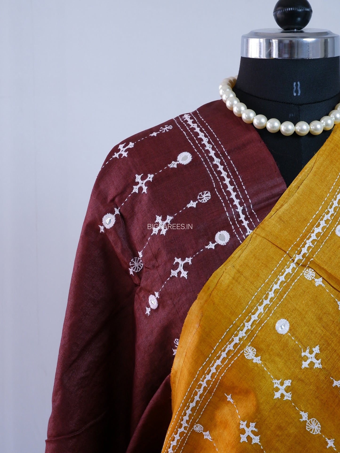 Kutchi Hand Embroidered Saree | Pure Gachi by Gachi Tassar Silk | Silk Marked | Dark Gold/Dark Brown