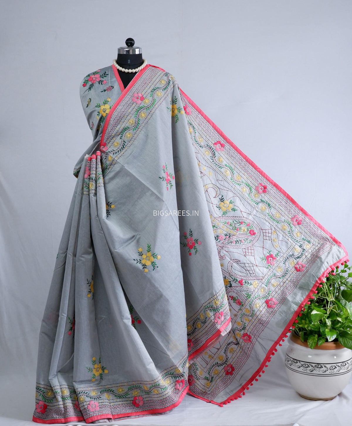 Phulkari Hand-Embroidered Saree | Chanderi Silk | Grey