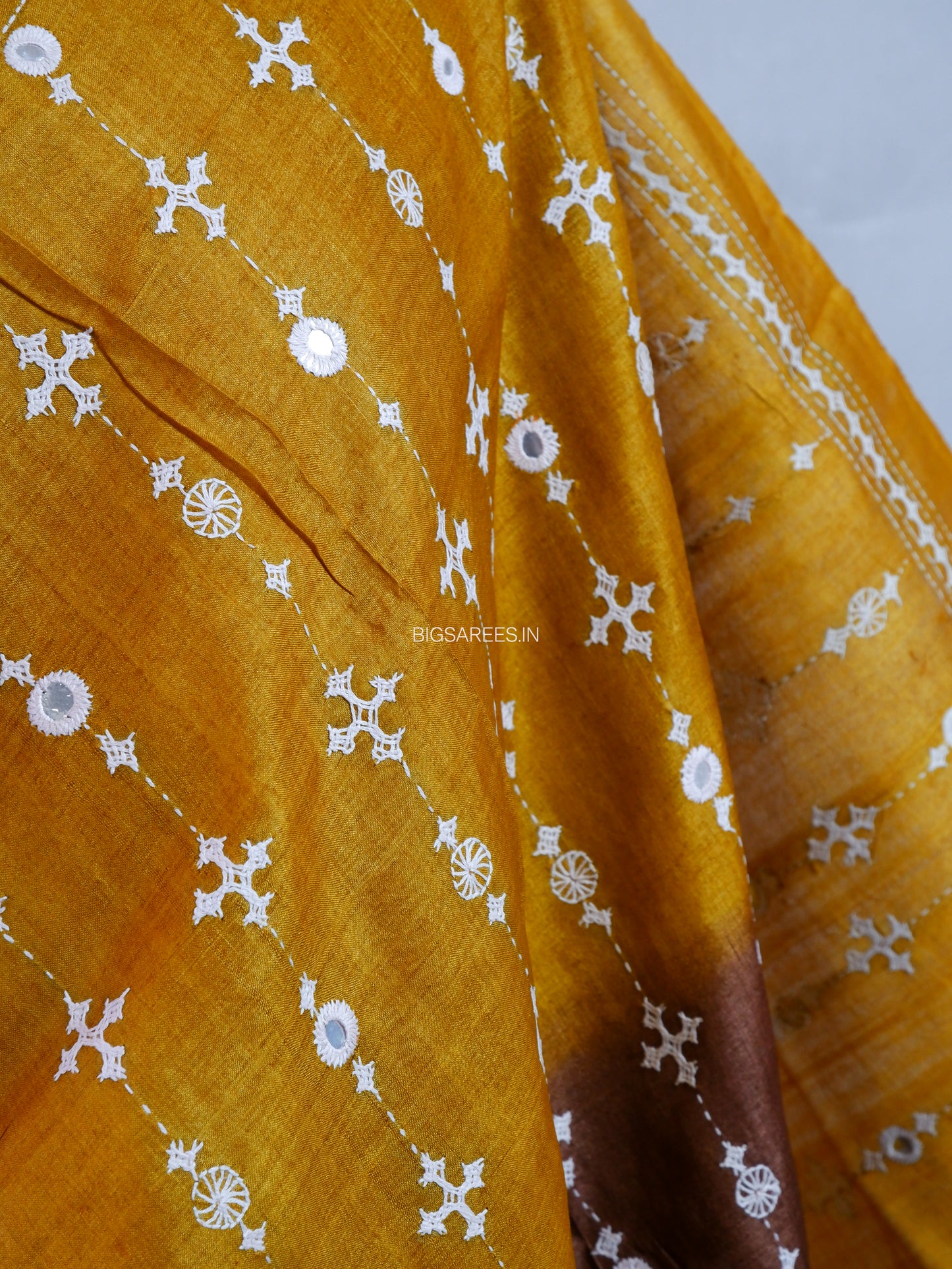 Kutchi Hand Embroidered Saree | Pure Gachi by Gachi Tassar Silk | Silk Marked | Dark Gold/Dark Brown