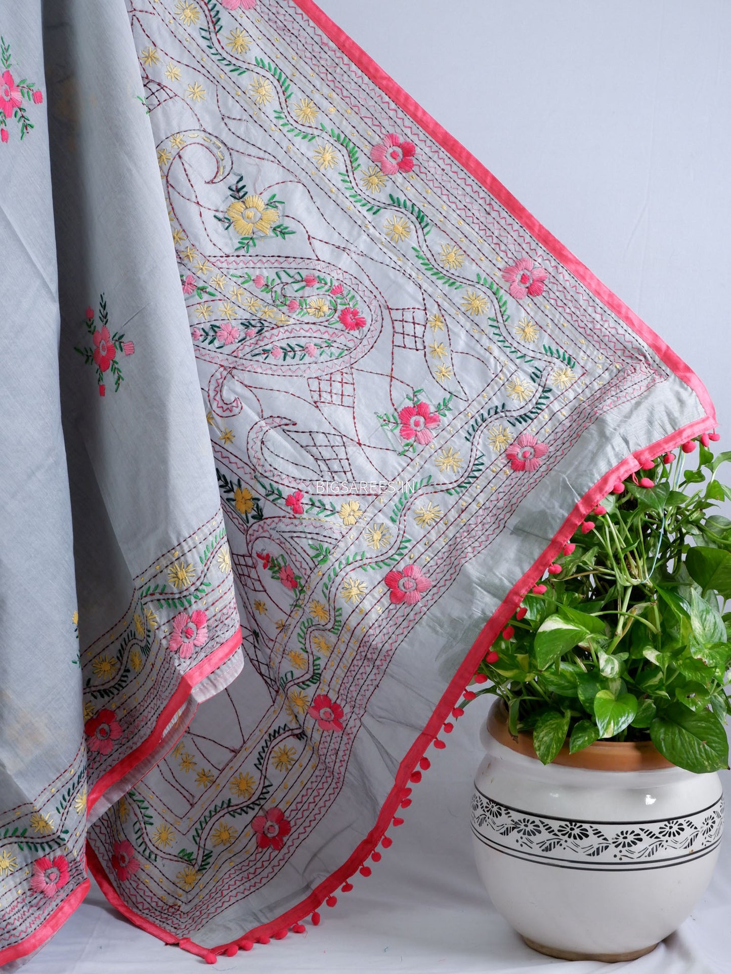 Phulkari Hand-Embroidered Saree | Chanderi Silk | Grey