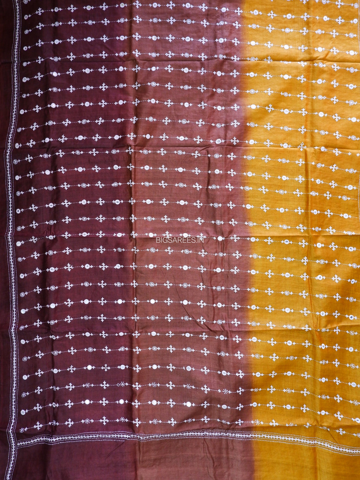 Kutchi Hand Embroidered Saree | Pure Gachi by Gachi Tassar Silk | Silk Marked | Dark Gold/Dark Brown