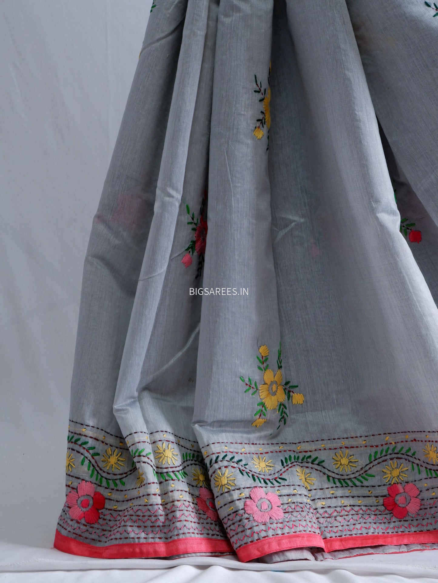 Phulkari Hand-Embroidered Saree | Chanderi Silk | Grey