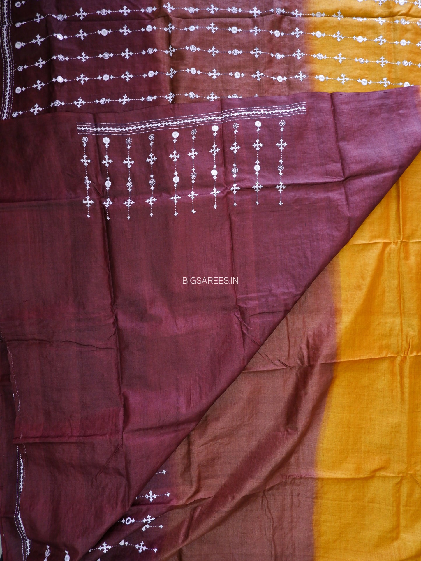 Kutchi Hand Embroidered Saree | Pure Gachi by Gachi Tassar Silk | Silk Marked | Dark Gold/Dark Brown