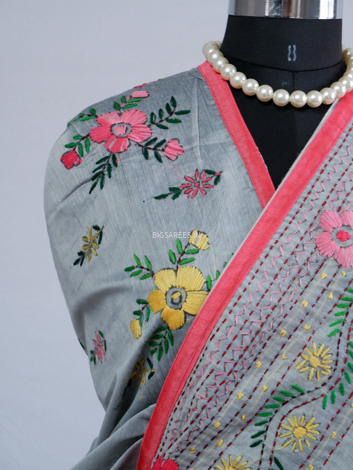 Phulkari Hand-Embroidered Saree | Chanderi Silk | Grey
