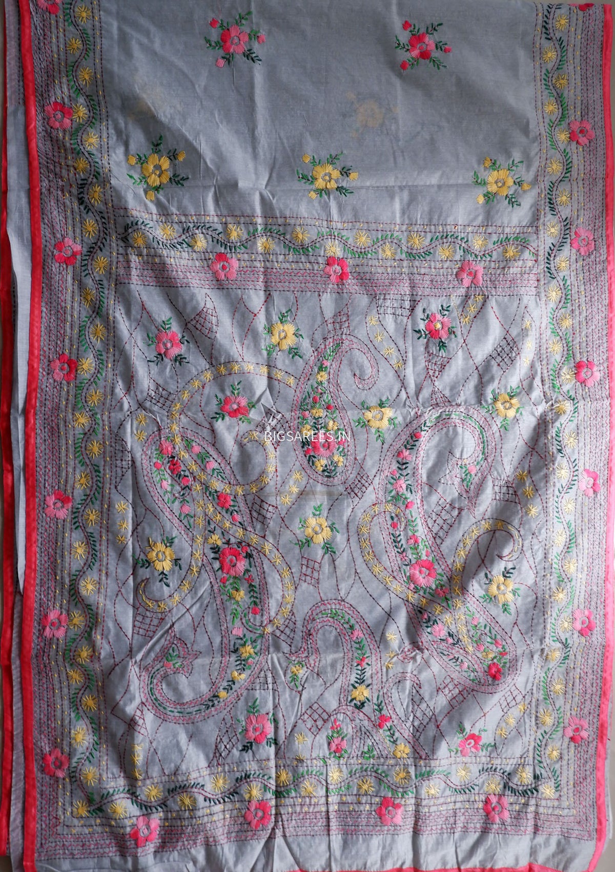 Phulkari Hand-Embroidered Saree | Chanderi Silk | Grey