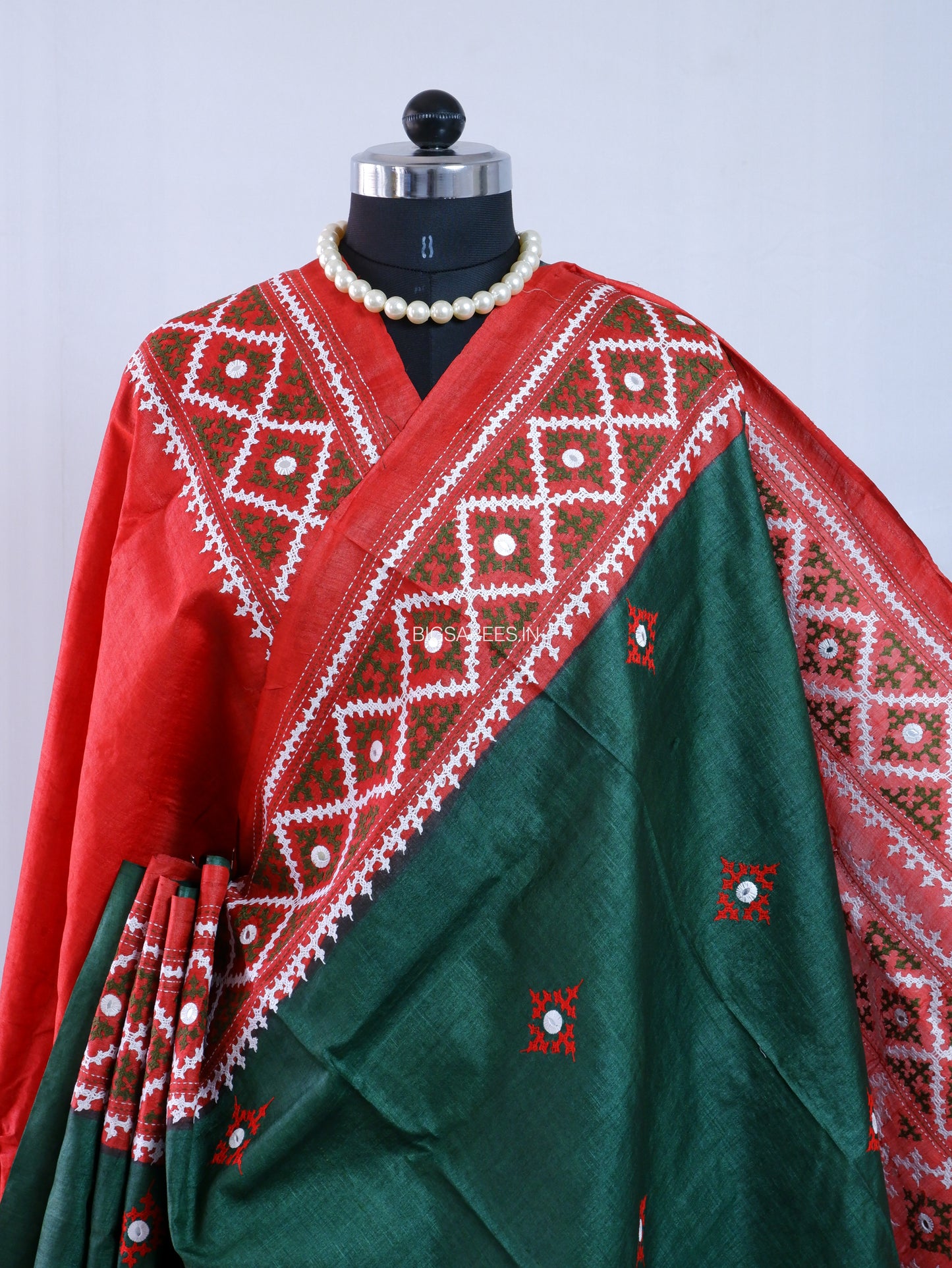 Kutchi Hand Embroidered Saree | Gachi Tassar Silk | Silk Marked | Dark Green/Red