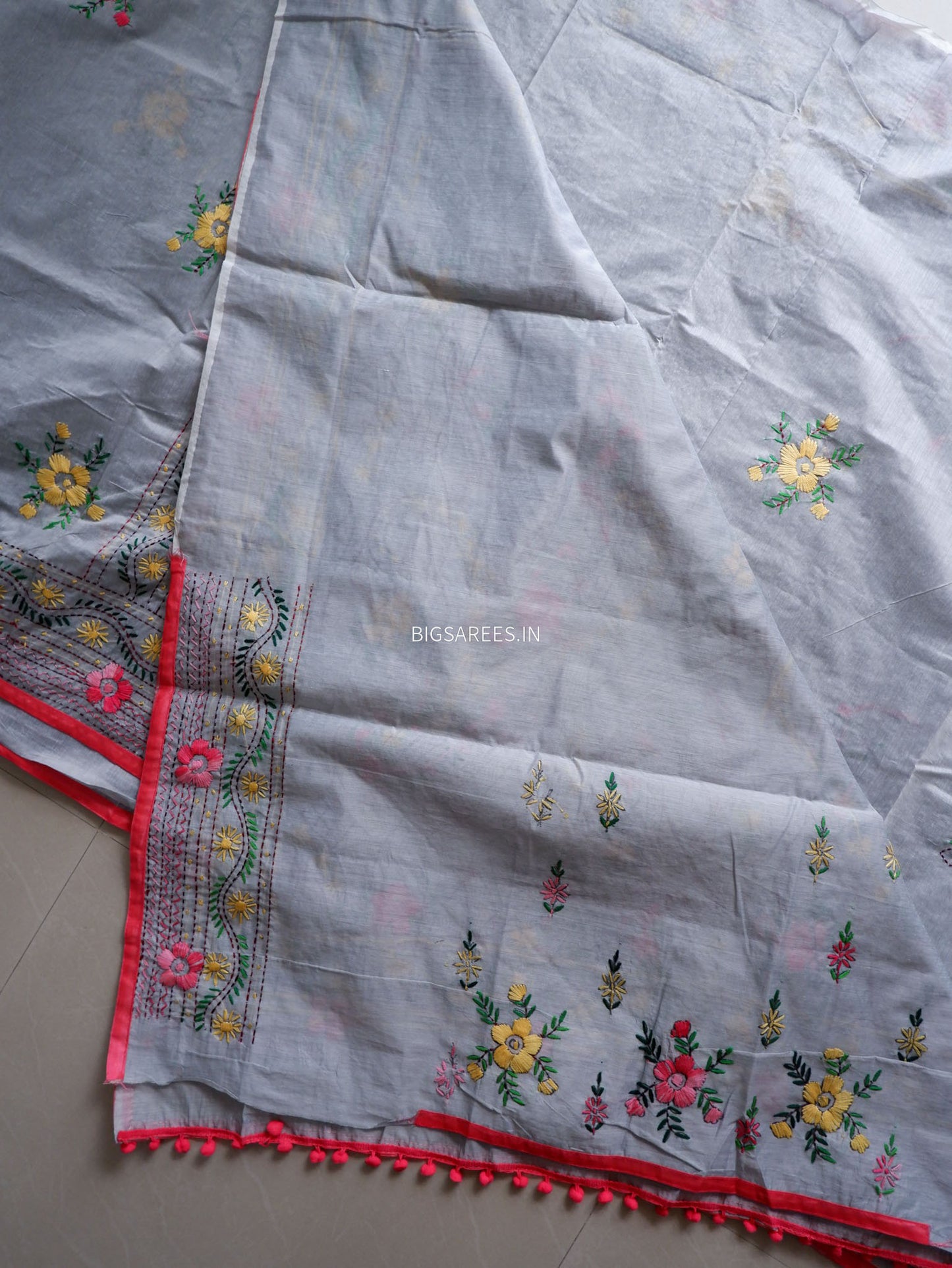 Phulkari Hand-Embroidered Saree | Chanderi Silk | Grey