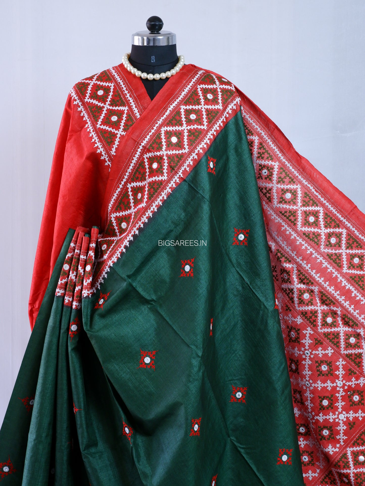Kutchi Hand Embroidered Saree | Gachi Tassar Silk | Silk Marked | Dark Green/Red