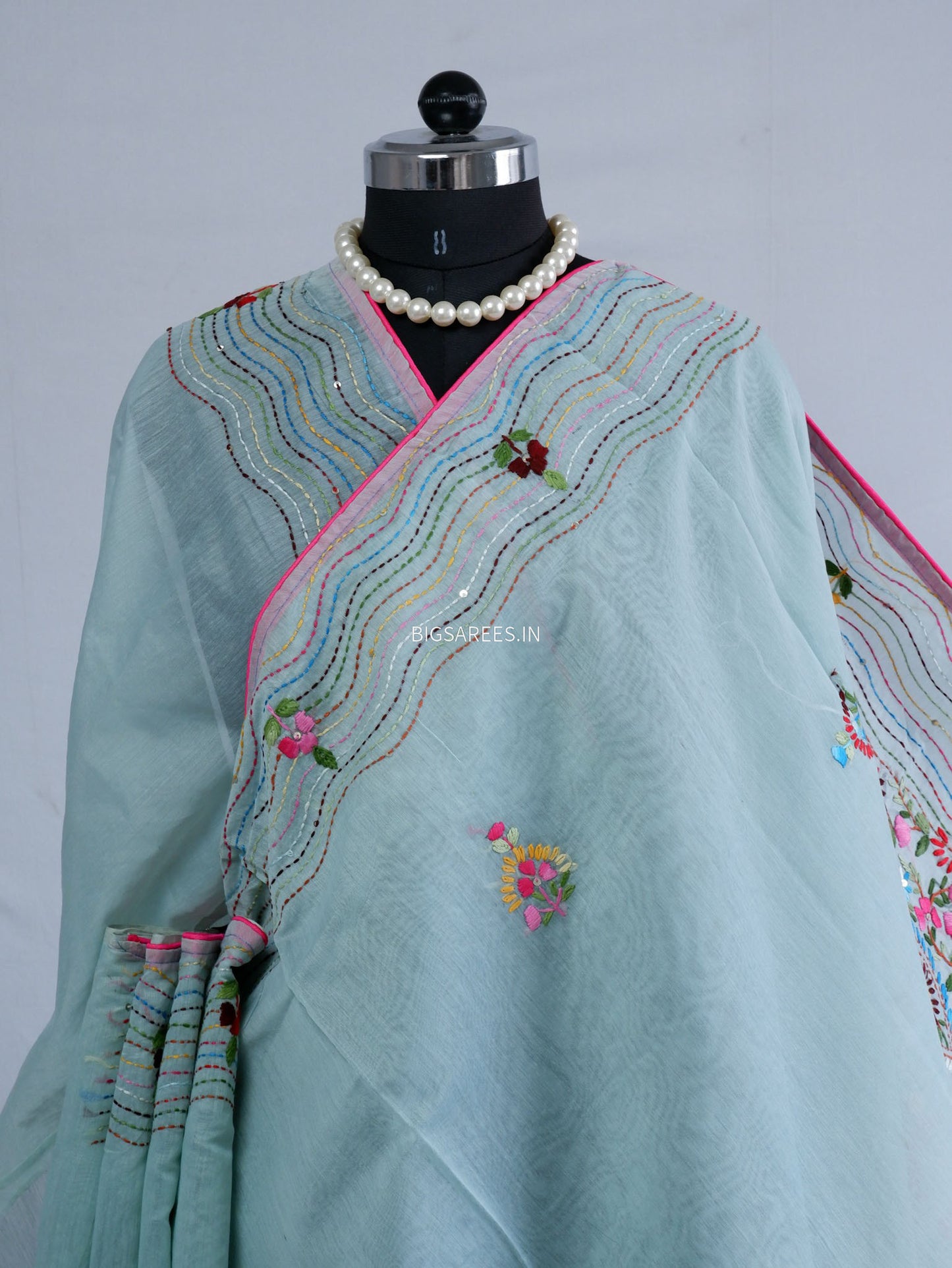 Phulkari Hand-Embroidered Saree | Chanderi Silk | Light Blue