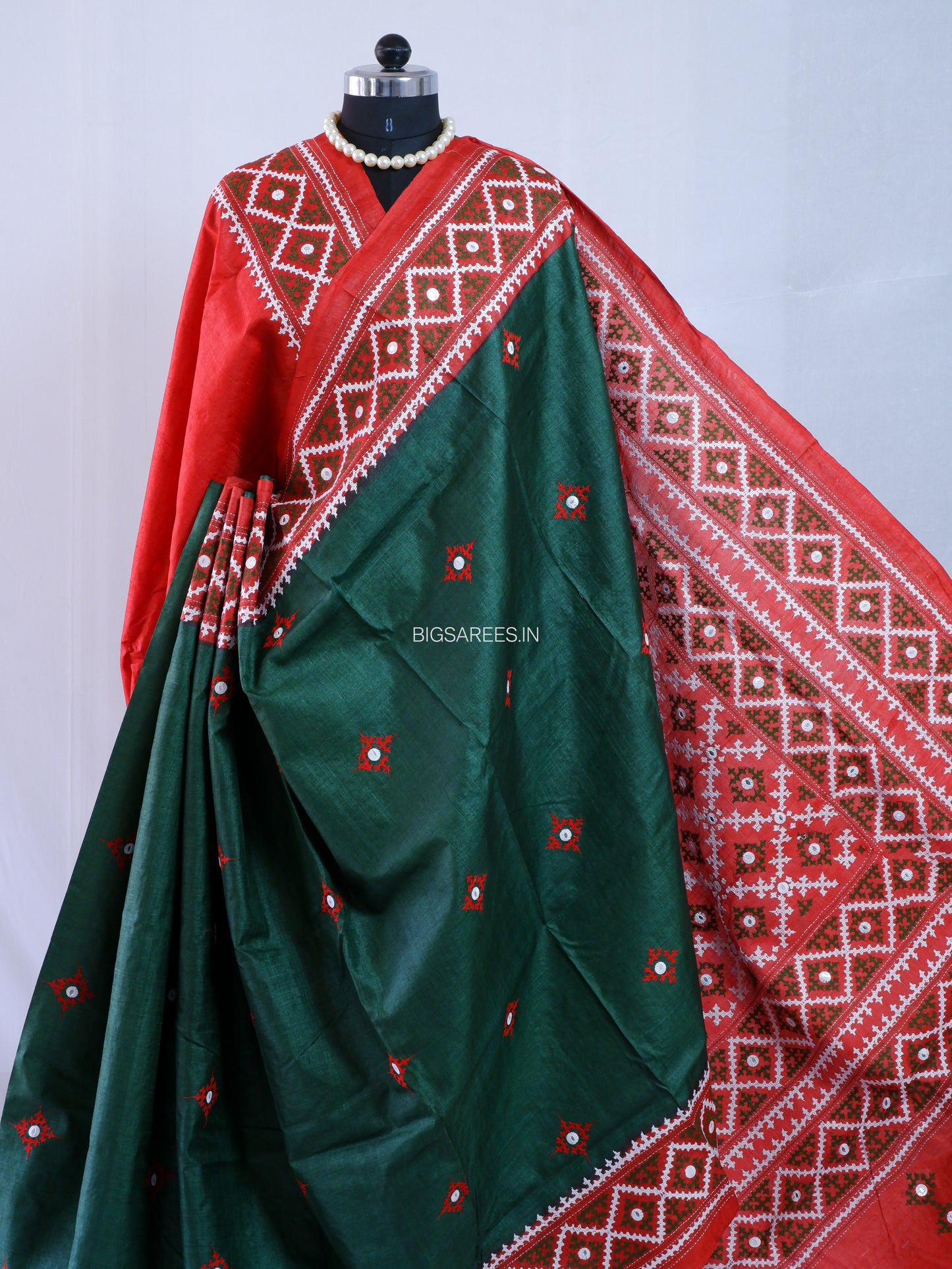 Kutchi Hand Embroidered Saree | Gachi Tassar Silk | Silk Marked | Dark Green/Red