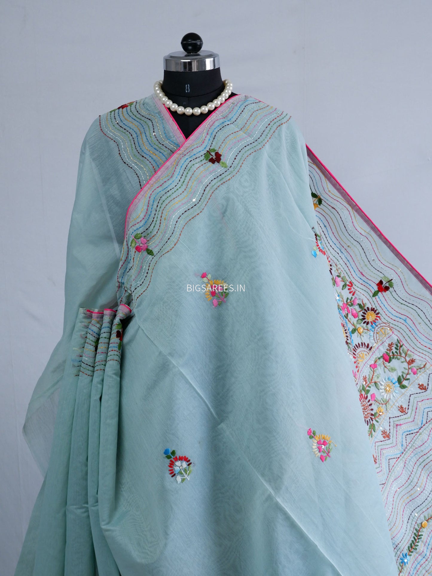Phulkari Hand-Embroidered Saree | Chanderi Silk | Light Blue