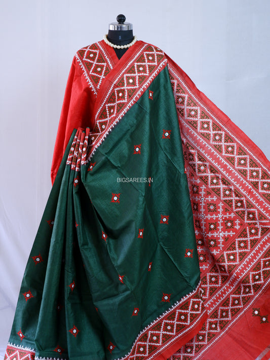 Kutchi Hand Embroidered Saree | Gachi Tassar Silk | Silk Marked | Dark Green/Red