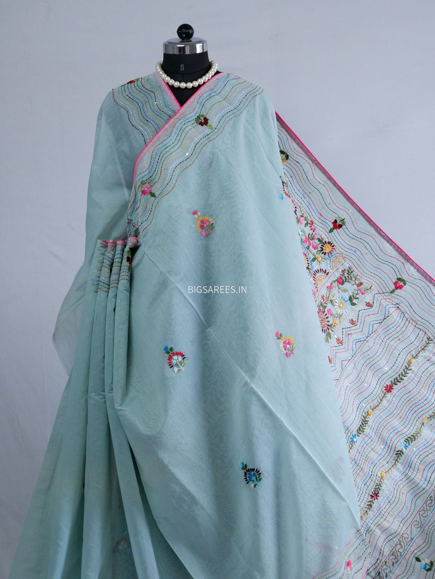 Phulkari Hand-Embroidered Saree | Chanderi Silk | Light Blue